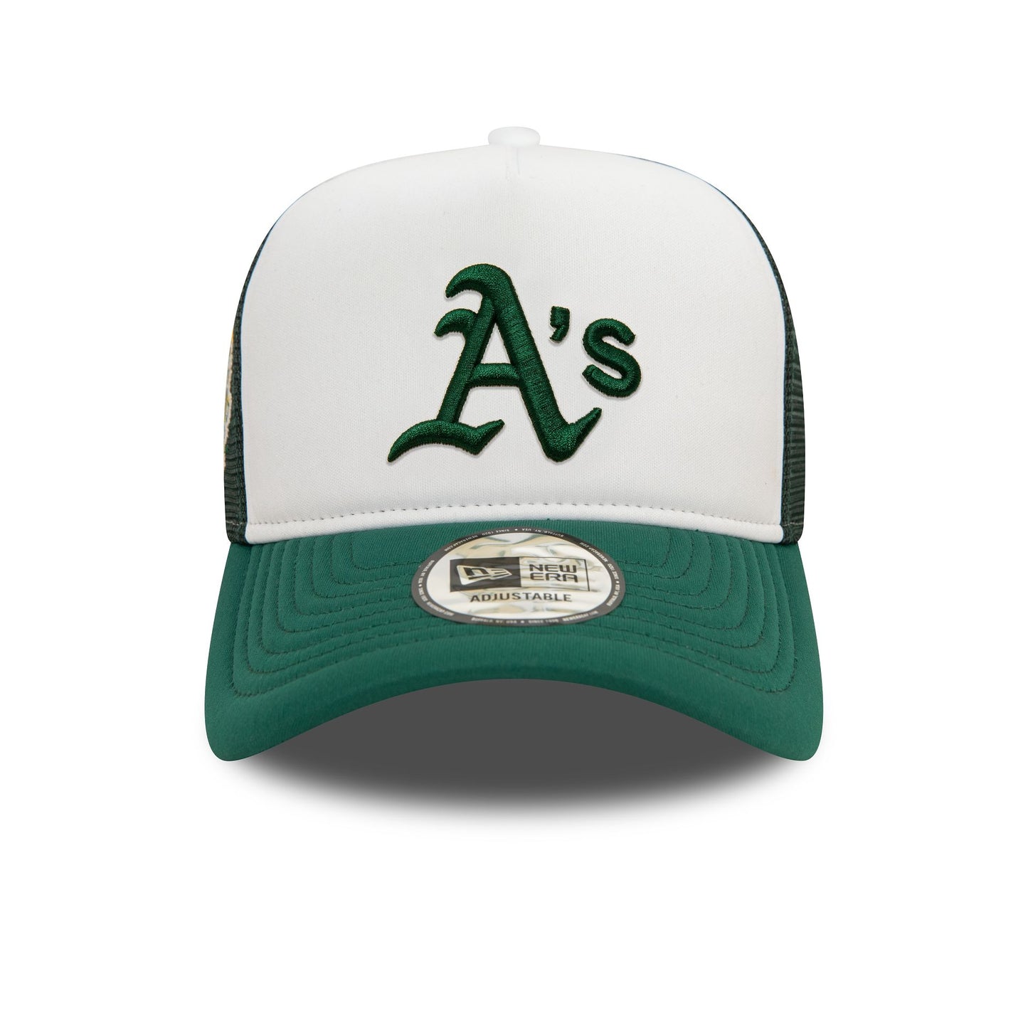 This is a Oakland Athletics World Series Dark Green 9FORTY E-Frame Adjustable Trucker Cap 5