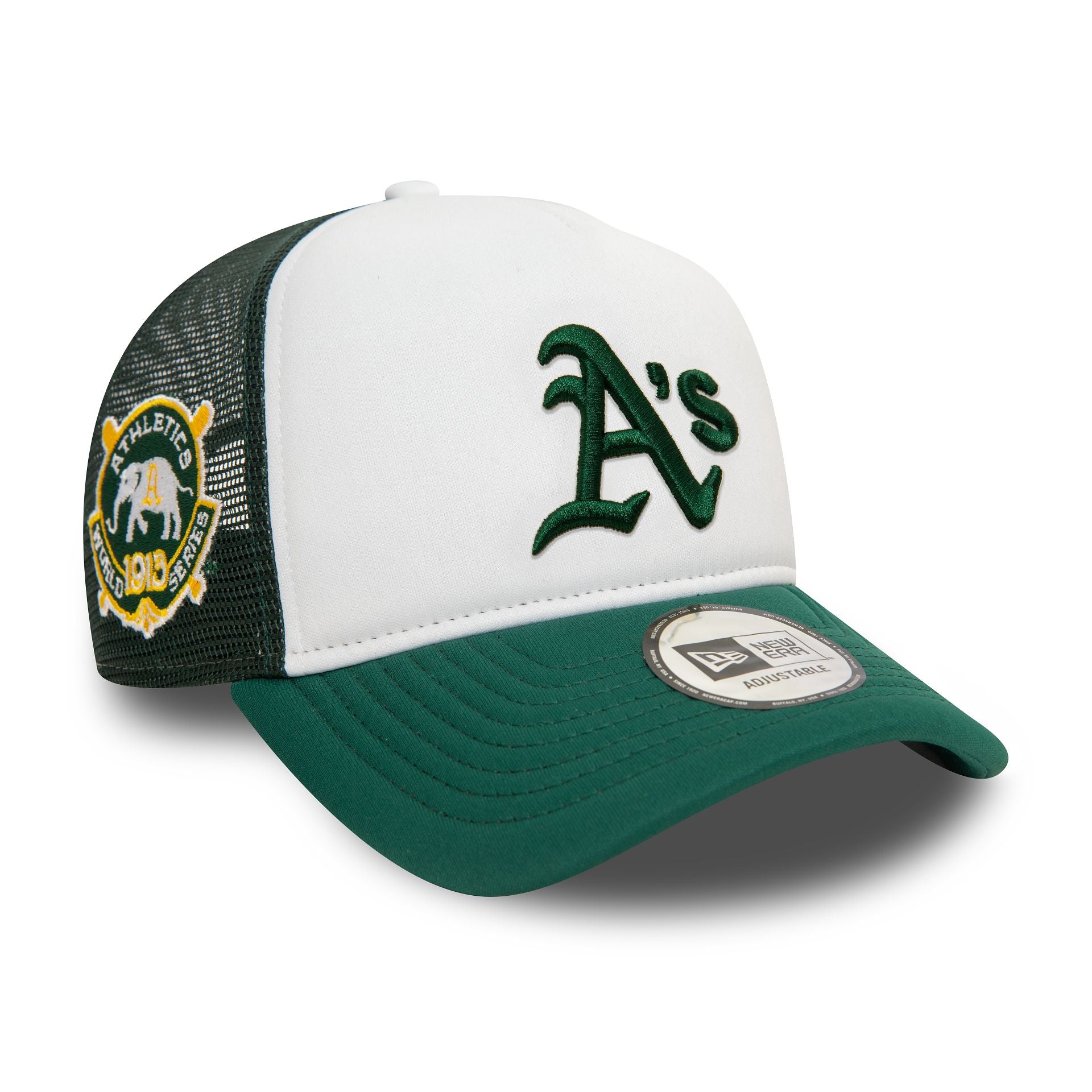 This is a Oakland Athletics World Series Dark Green 9FORTY E-Frame Adjustable Trucker Cap 2