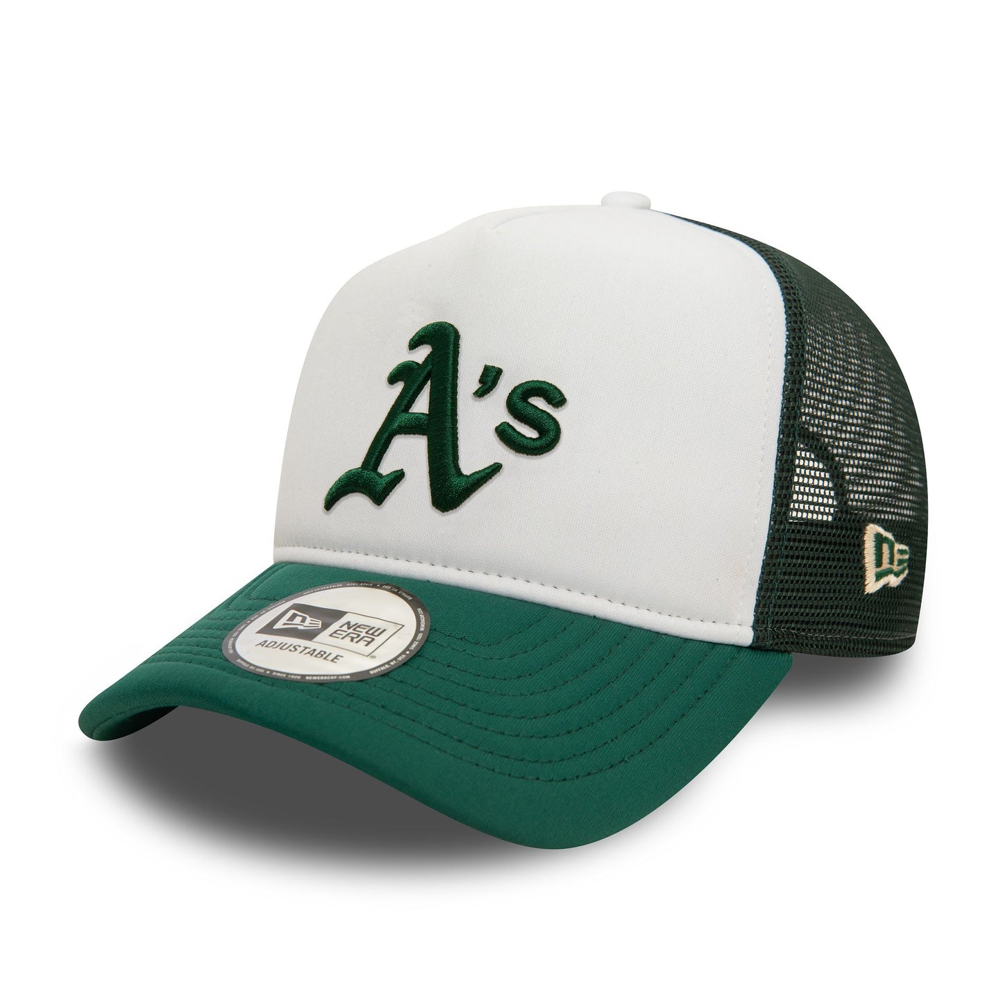 This is a Oakland Athletics World Series Dark Green 9FORTY E-Frame Adjustable Trucker Cap 1