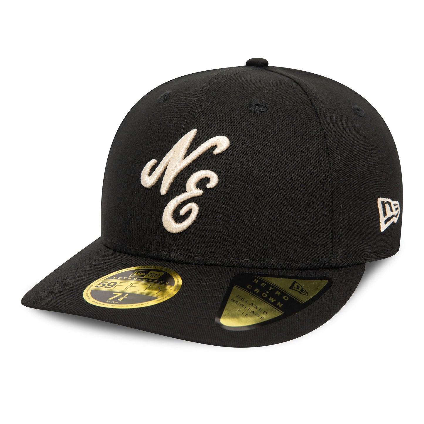 This is a New Era Heritage Script Black Low Profile 59FIFTY Fitted Cap 1