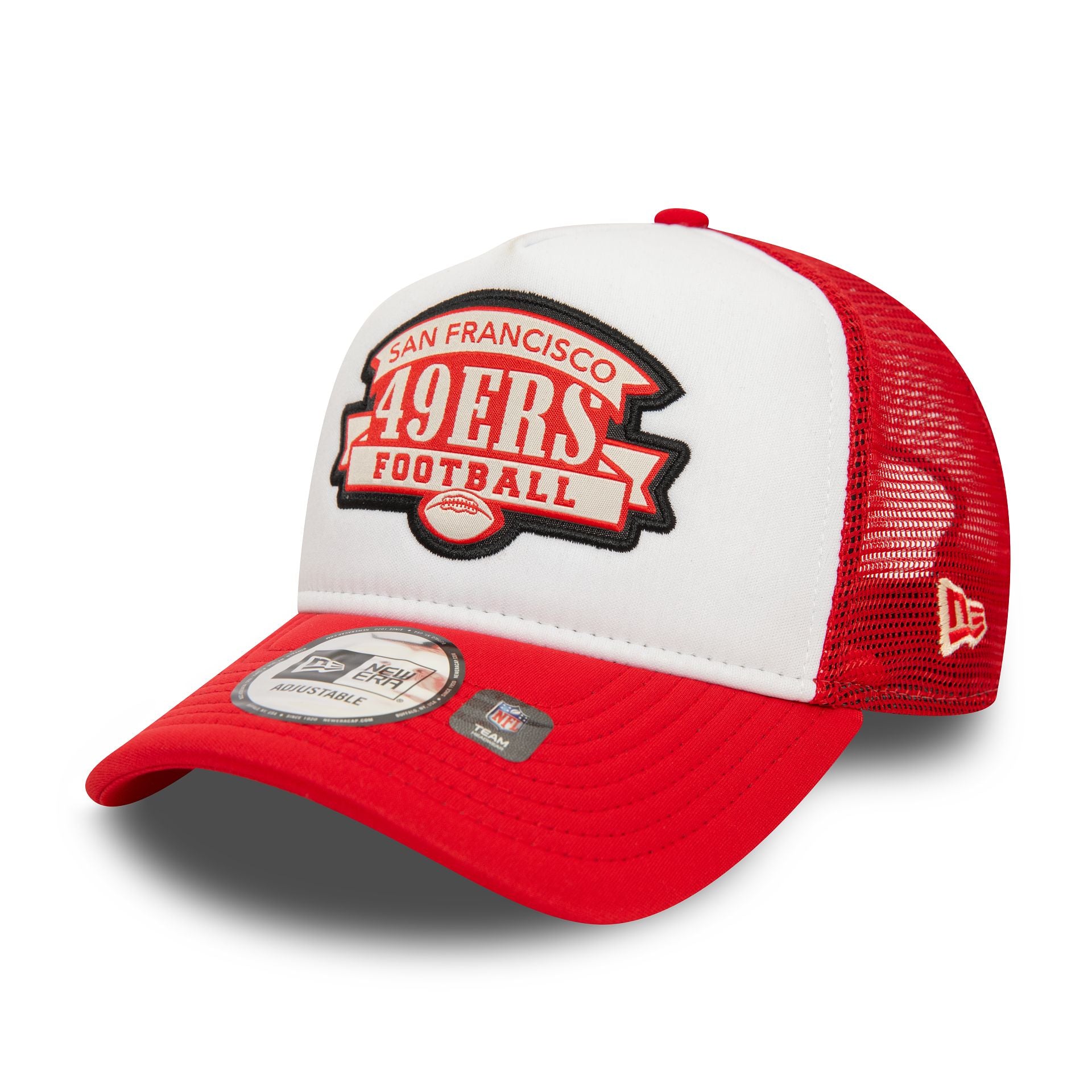 This is a San Francisco 49ers NFL Red 9FORTY E-Frame Adjustable Trucker Cap 1