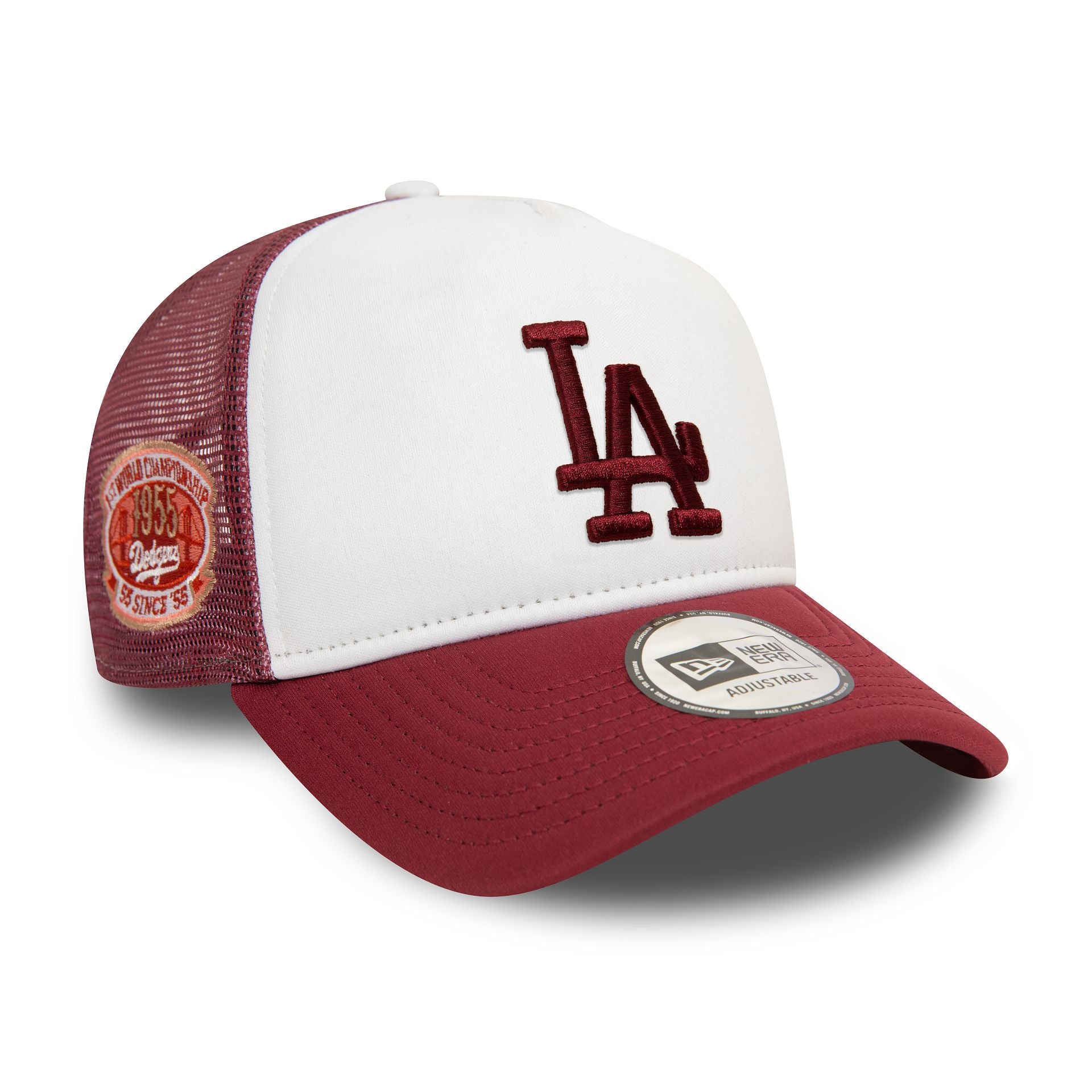 This is a LA Dodgers World Series Red 9FORTY E-Frame Adjustable Trucker Cap 1