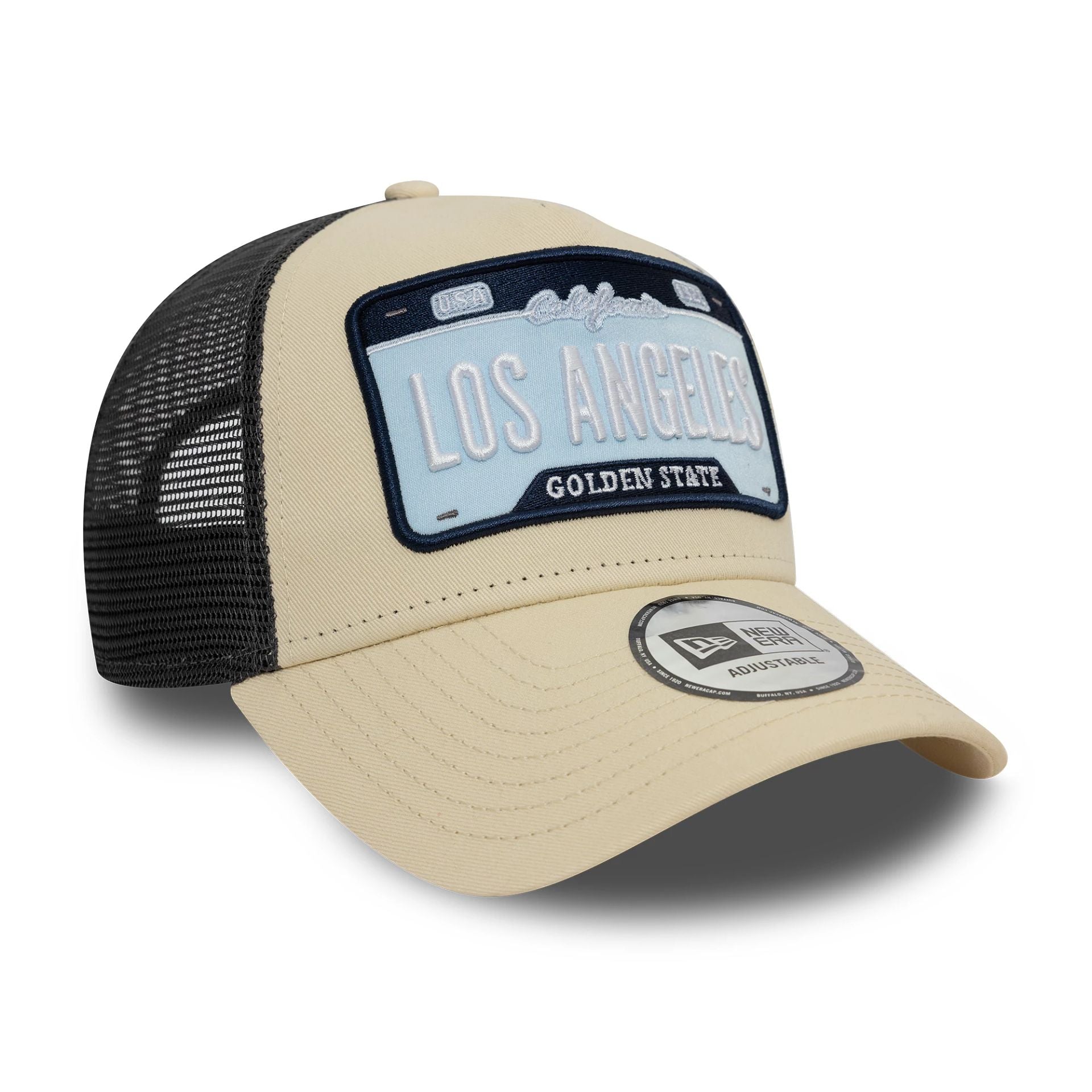 This is a New Era Patch Light Beige 9FORTY A-Frame Adjustable Trucker Cap 3