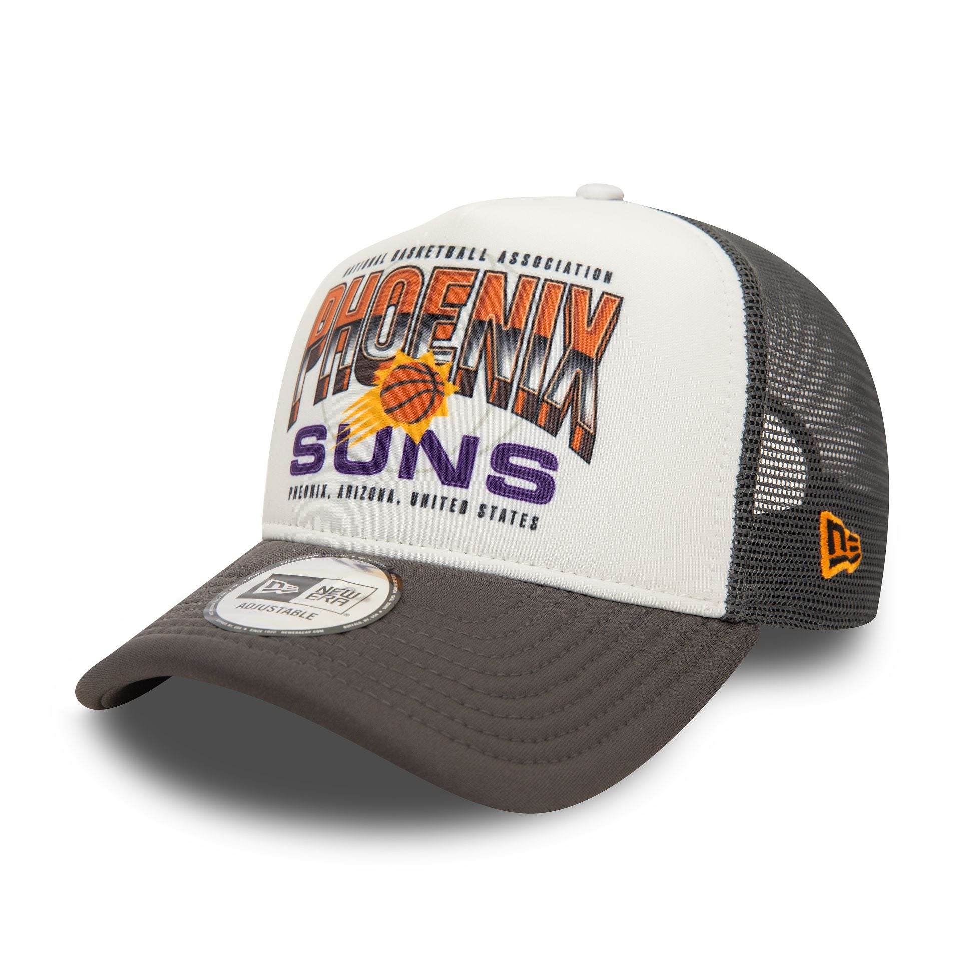 This is a Phoenix Suns NBA Team Colour Dark Grey 9FORTY E-Frame Adjustable Trucker Cap 1