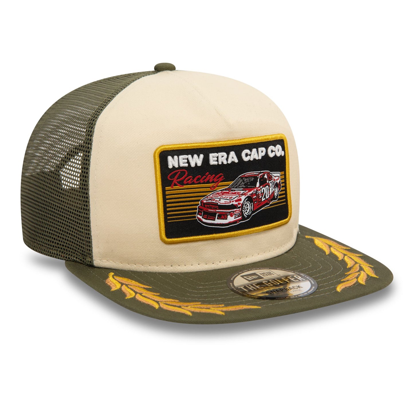 This is a New Era Motorsport Green Golfer Cap 4