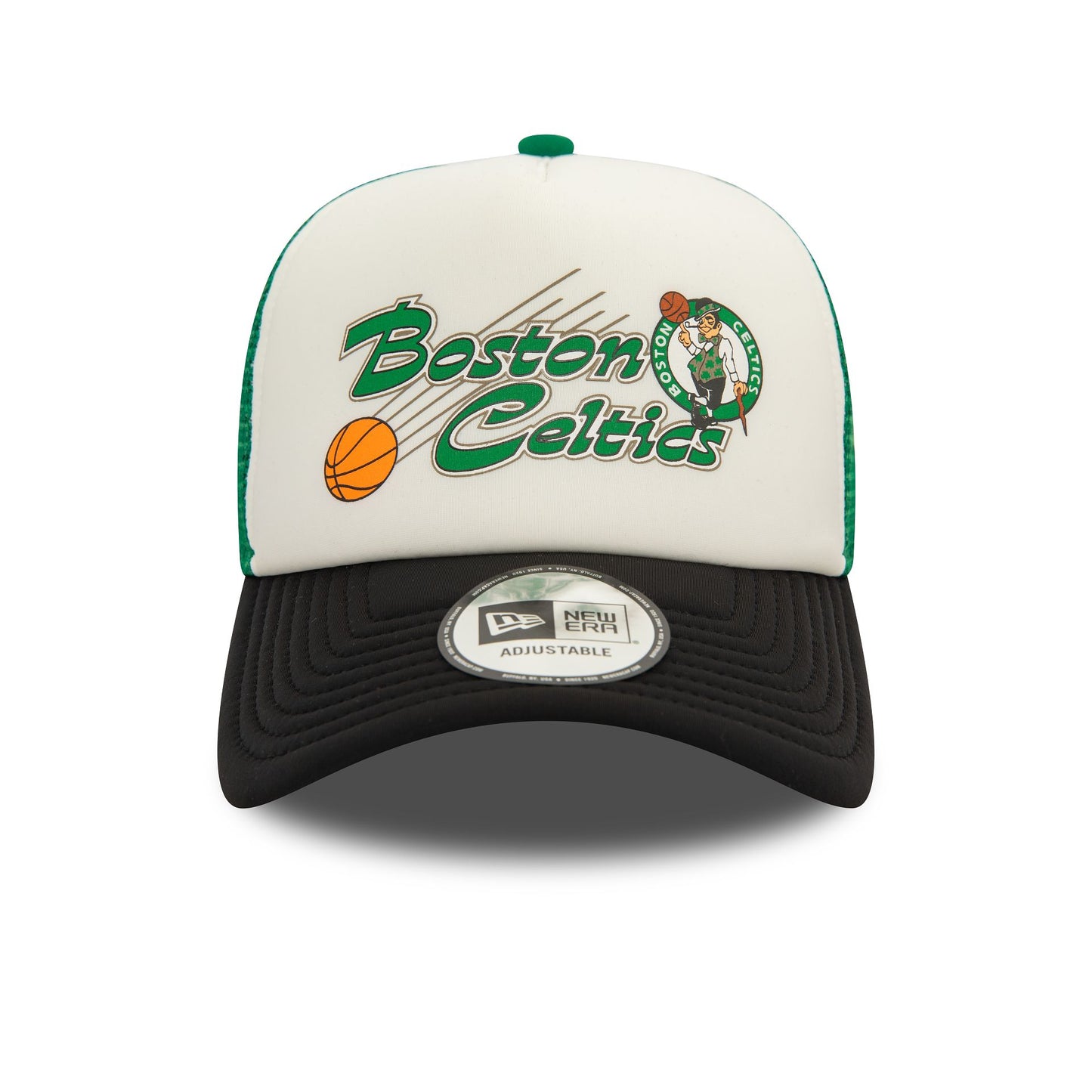 This is a Boston Celtics NBA Graphic Green 9FORTY E-Frame Adjustable Trucker Cap 3