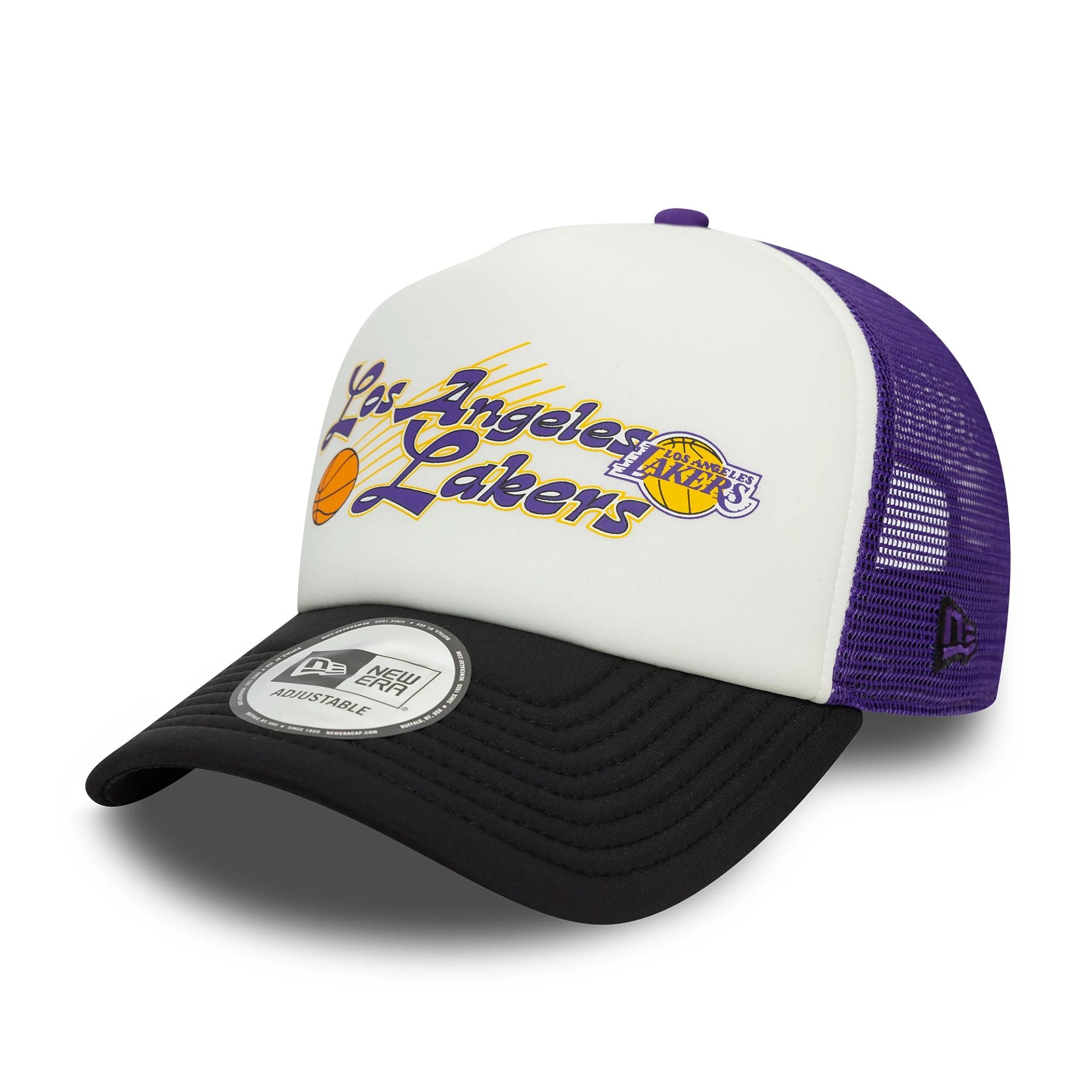 This is a LA Lakers NBA Graphic Purple 9FORTY E-Frame Adjustable Trucker Cap 1