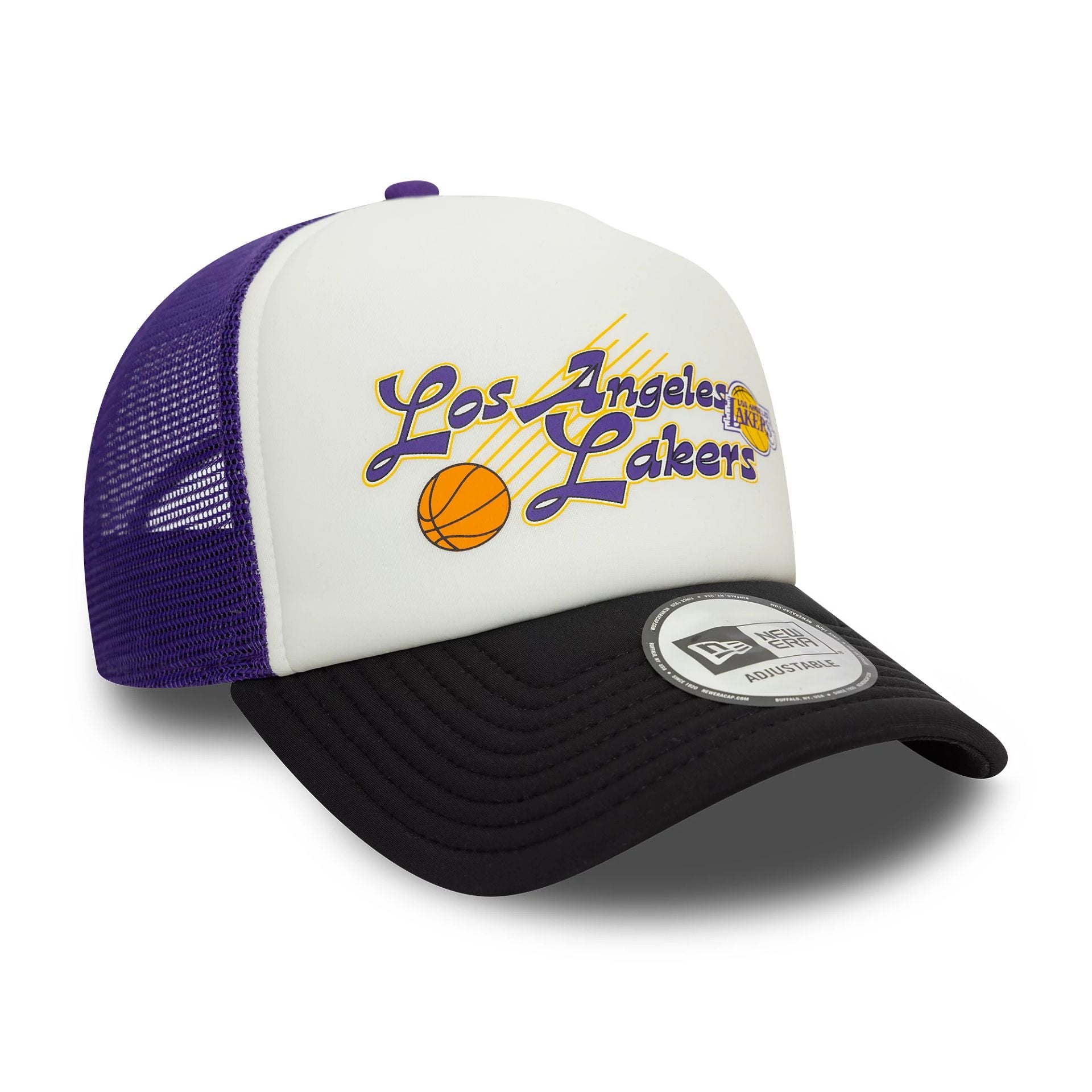 This is a LA Lakers NBA Graphic Purple 9FORTY E-Frame Adjustable Trucker Cap 3