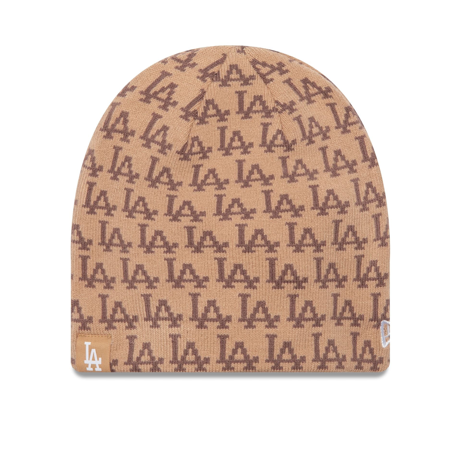 This is a LA Dodgers Jacquard Beige Skull Knit Beanie Hat 1