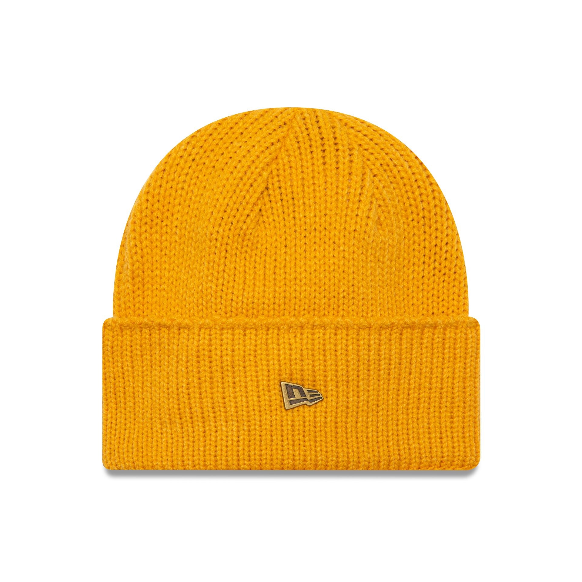 This is a New Era Dark Yellow Wide Cuff Knit Beanie Hat 1