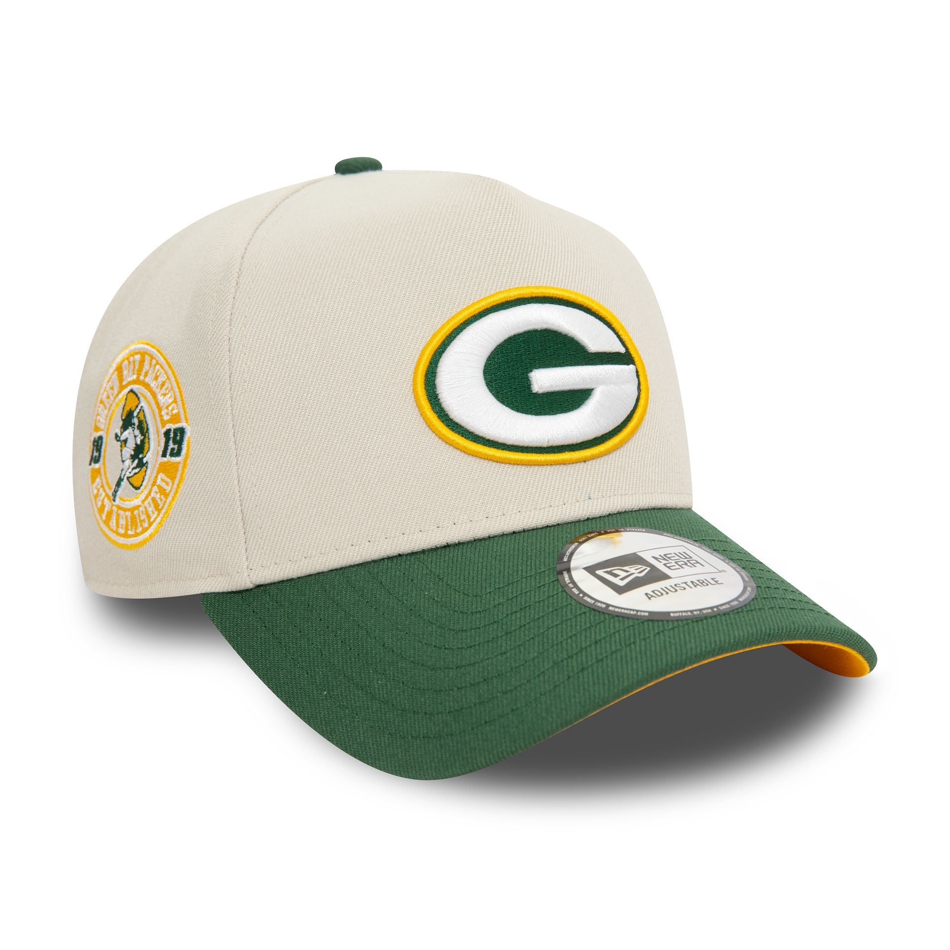 This is a Green Bay Packers NFL Light Beige 9FORTY E-Frame Adjustable Cap 1