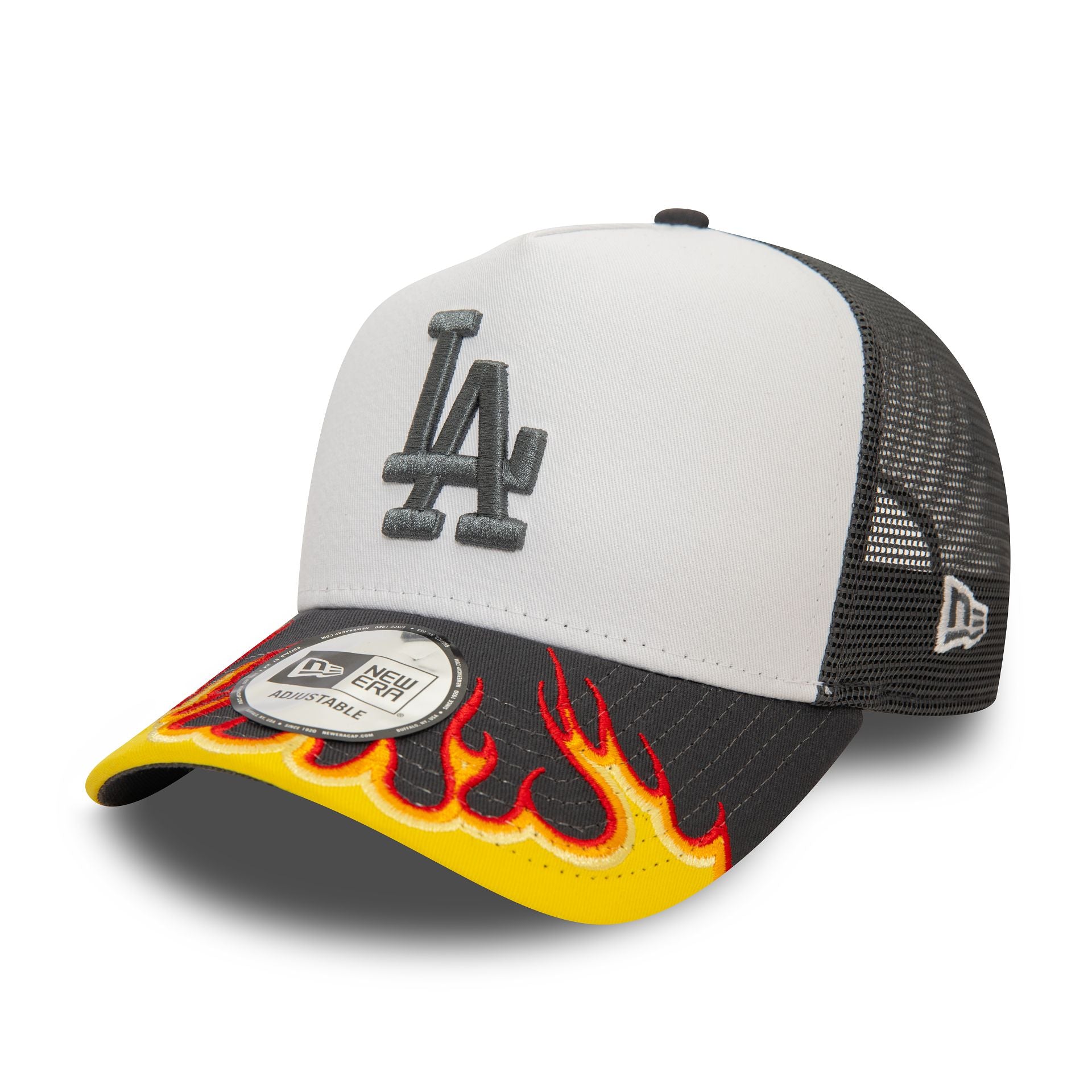 This is a LA Dodgers MLB Flame Dark Grey 9FORTY E-Frame Adjustable Trucker Cap 1