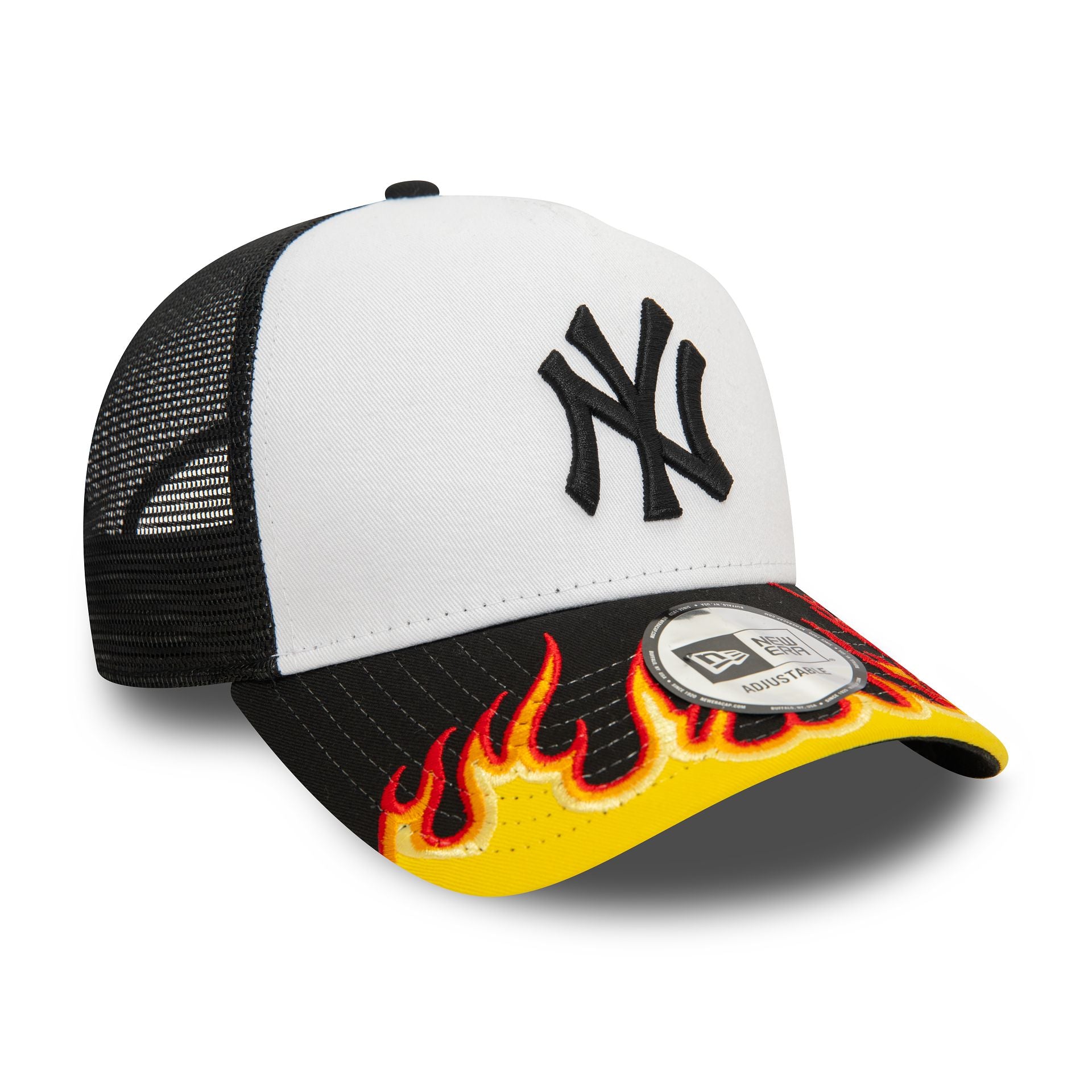 This is a New York Yankees MLB Flame Black 9FORTY E-Frame Adjustable Trucker Cap 2