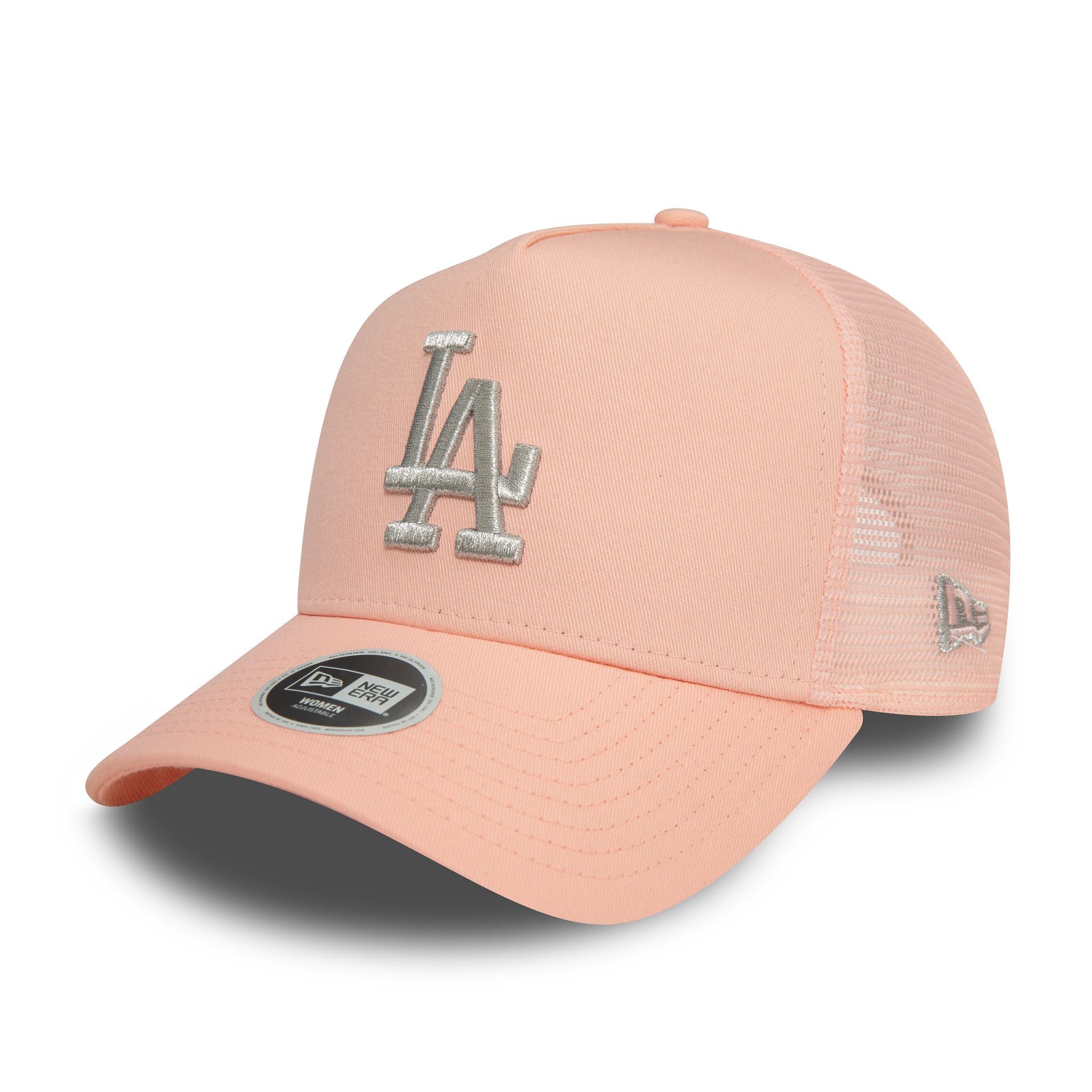 This is a LA Dodgers Womens Metallic Pastel Pink 9FORTY E-Frame Adjustable Trucker Cap 1