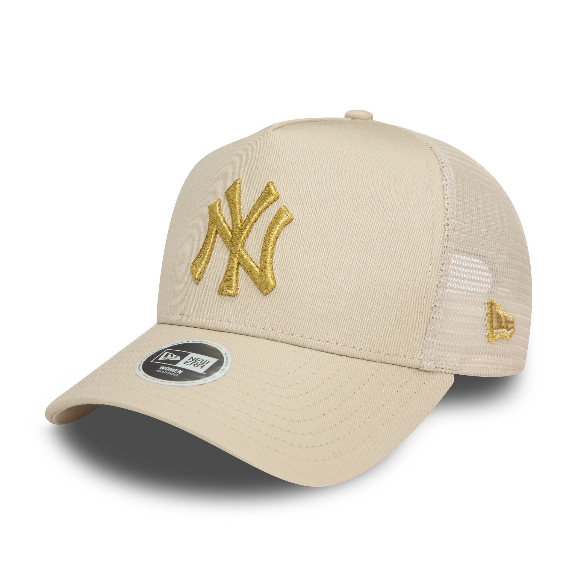 This is a New York Yankees Womens Metallic Light Beige 9FORTY E-Frame Adjustable Trucker Cap 1