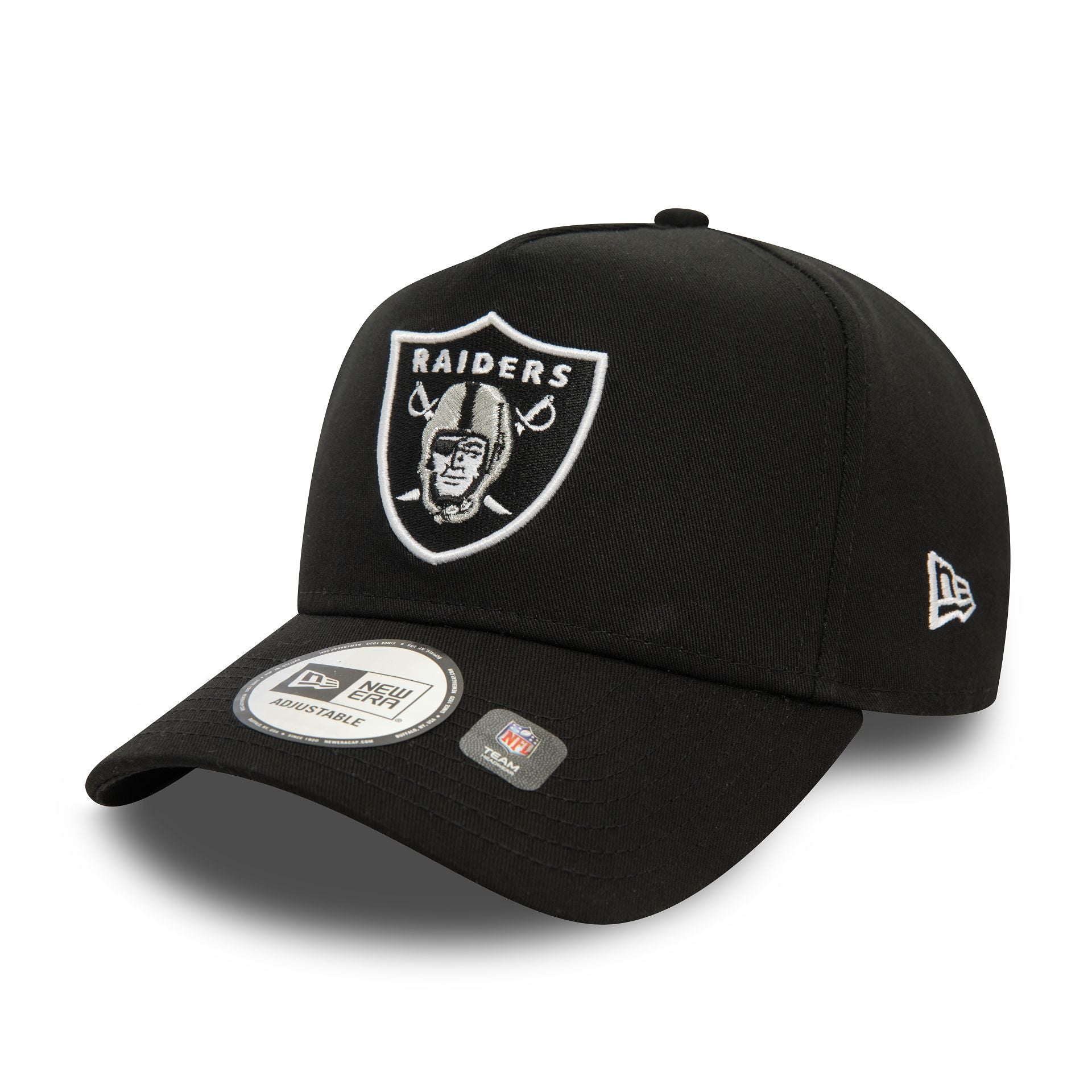 This is a Las Vegas Raiders NFL Official Team Colours Black 9FORTY E-Frame Adjustable Cap 1