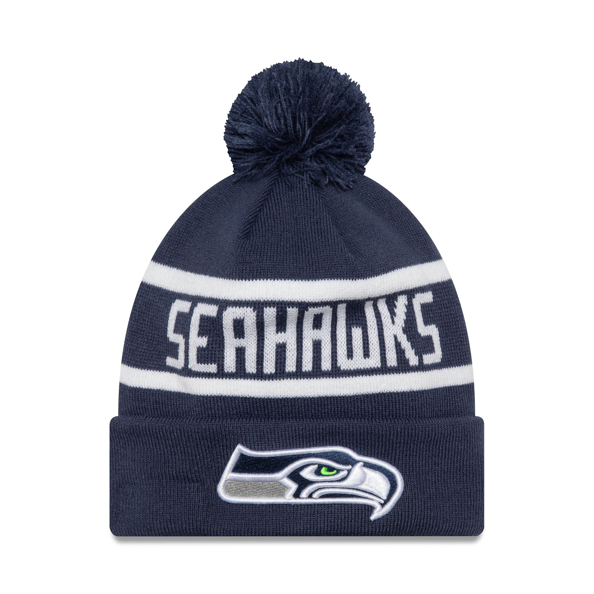 This is a Seattle Seahawks Official Team Colour NFL Dark Blue Jake Knit Beanie Hat 1