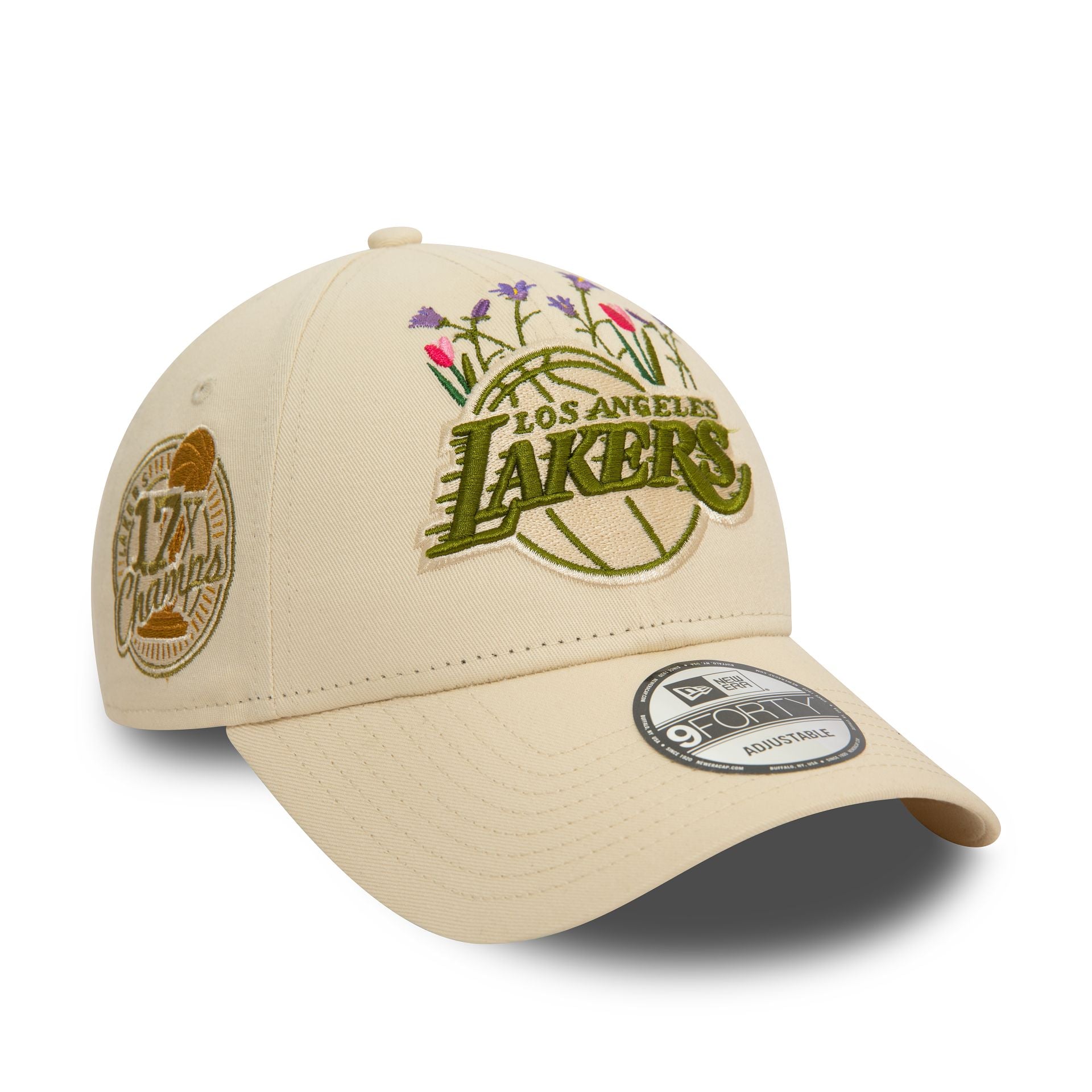 This is a LA Lakers Flower Icon Light Beige 9FORTY Adjustable Cap 1