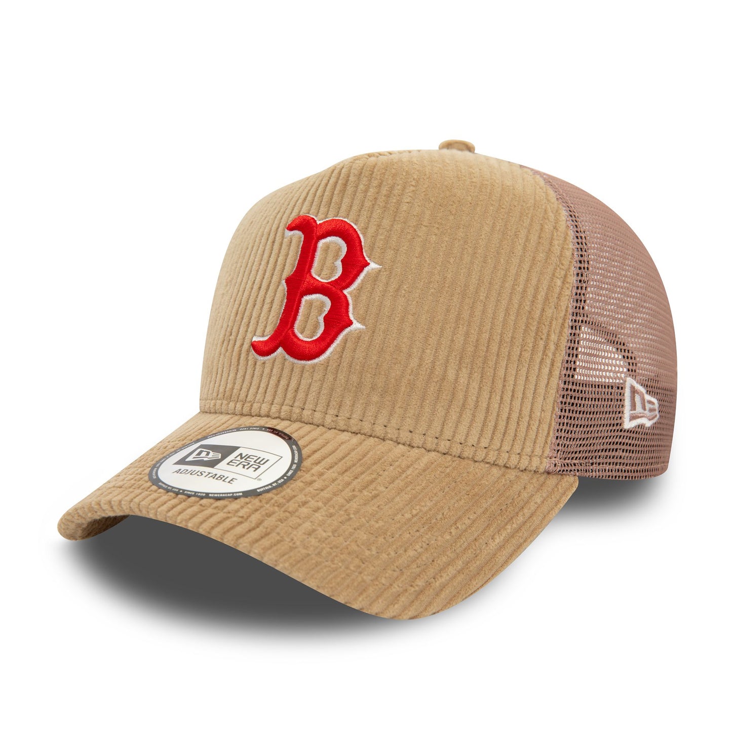 This is a Boston Red Sox MLB Cord Beige 9FORTY E-Frame Adjustable Trucker Cap 1