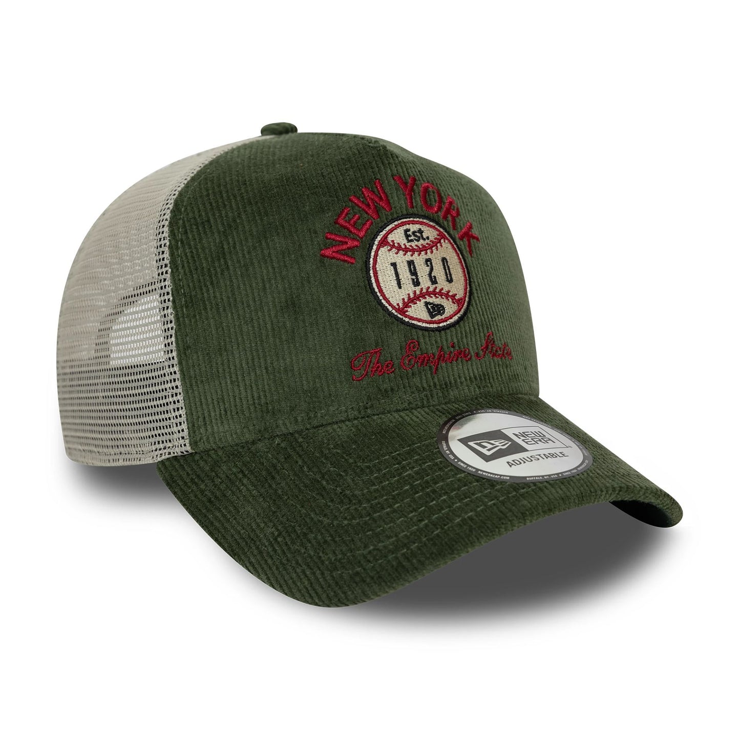 This is a New Era Cord Graphic Dark Green 9FORTY A-Frame Trucker Cap 3