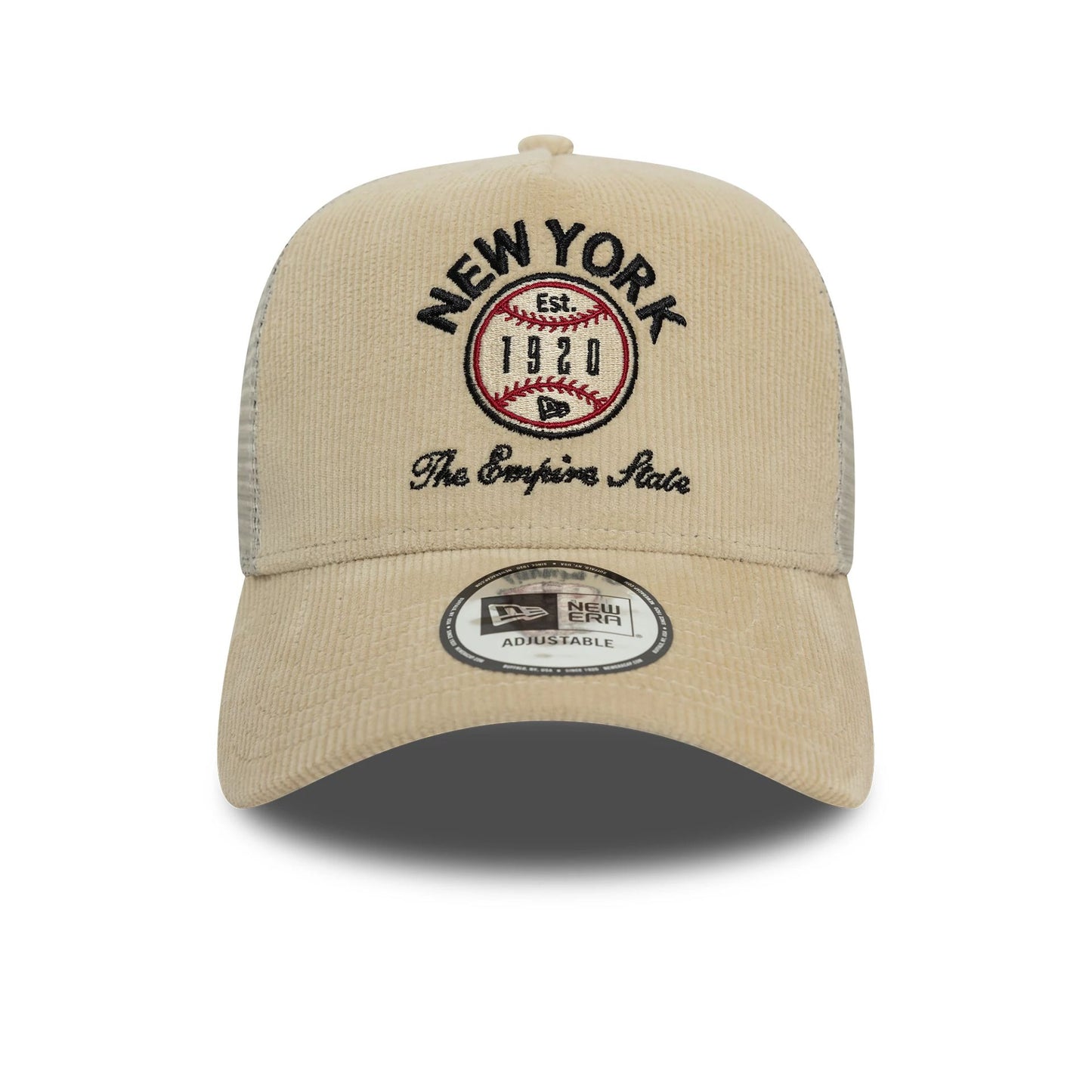 This is a New Era Cord Graphic Light Beige 9FORTY A-Frame Trucker Cap 2