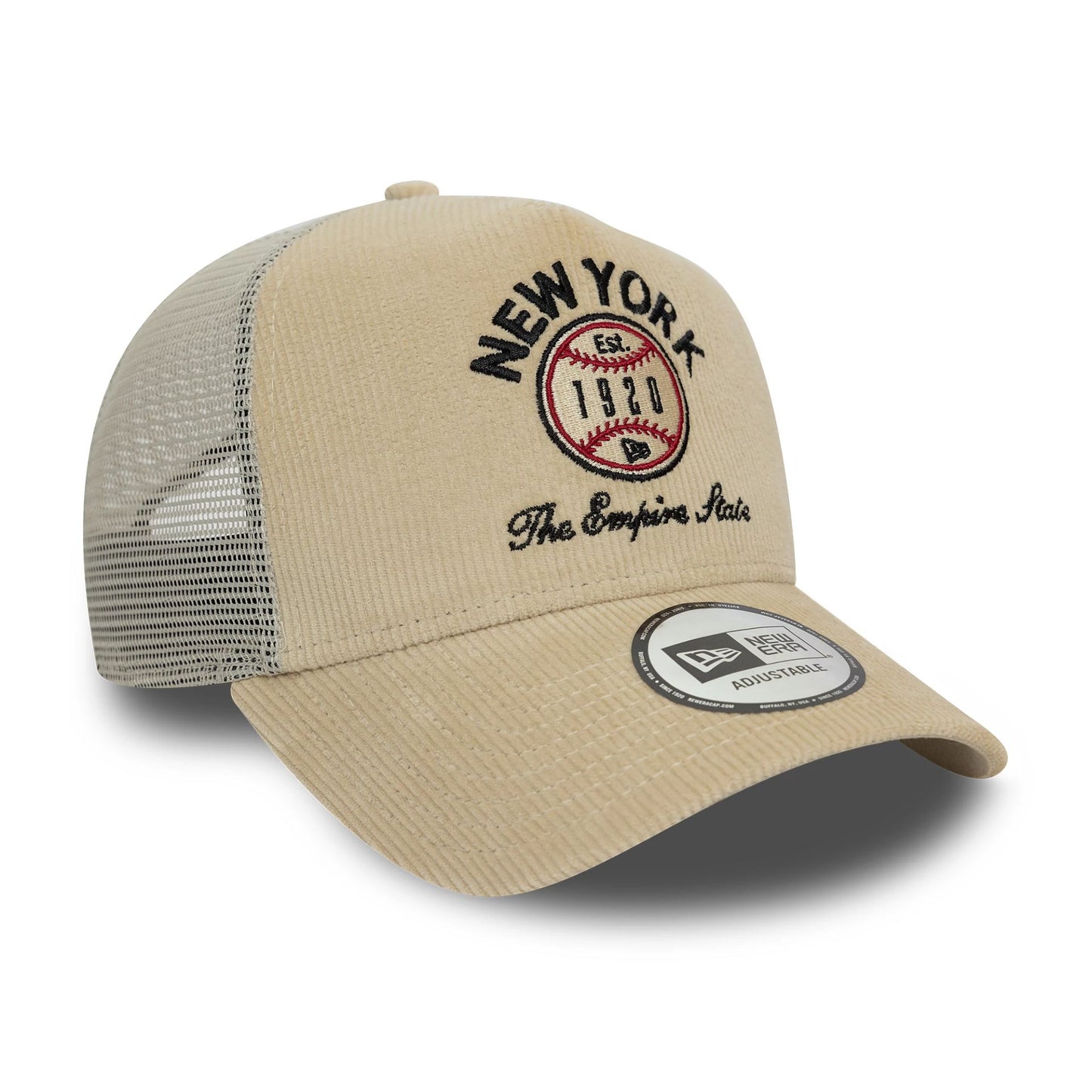 This is a New Era Cord Graphic Light Beige 9FORTY A-Frame Trucker Cap 3