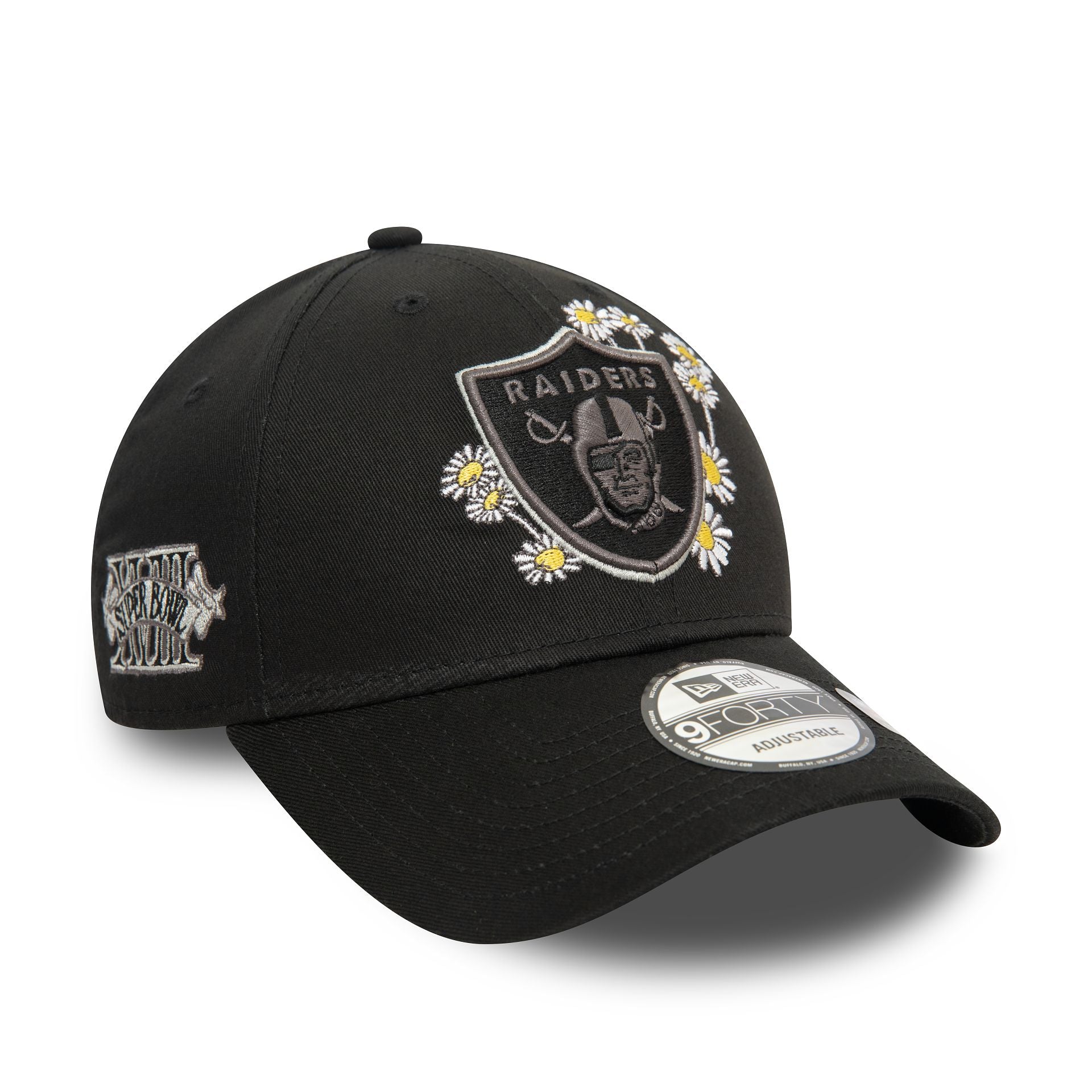 This is a Las Vegas Raiders Flower Icon Black 9FORTY Adjustable Cap 1