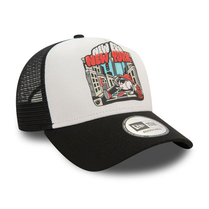 This is a New Era New York Graphic Print Black 9FORTY E-Frame Adjustable Trucker Cap 4