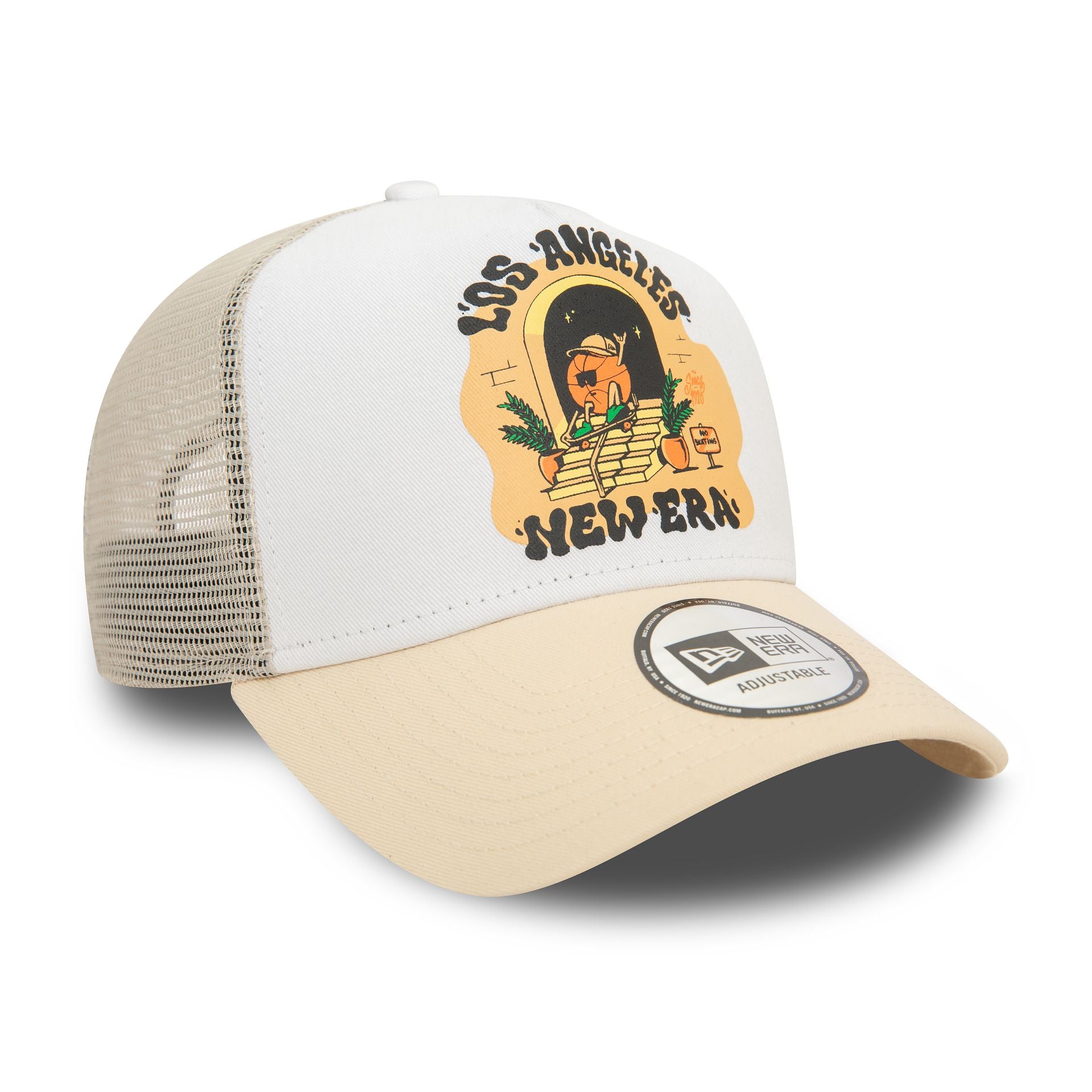 This is a New Era Los Angeles Graphic Print Light Beige 9FORTY E-Frame Adjustable Trucker Cap 4