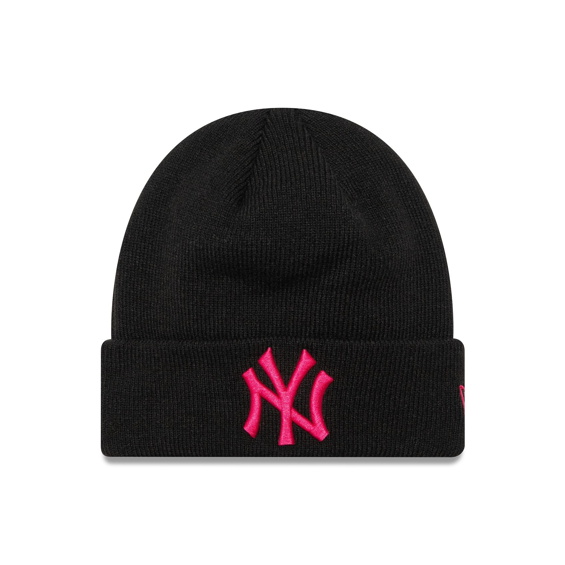 This is a New York Yankees League Essential Youth Black and Pink Cuff Knit Beanie Hat 1