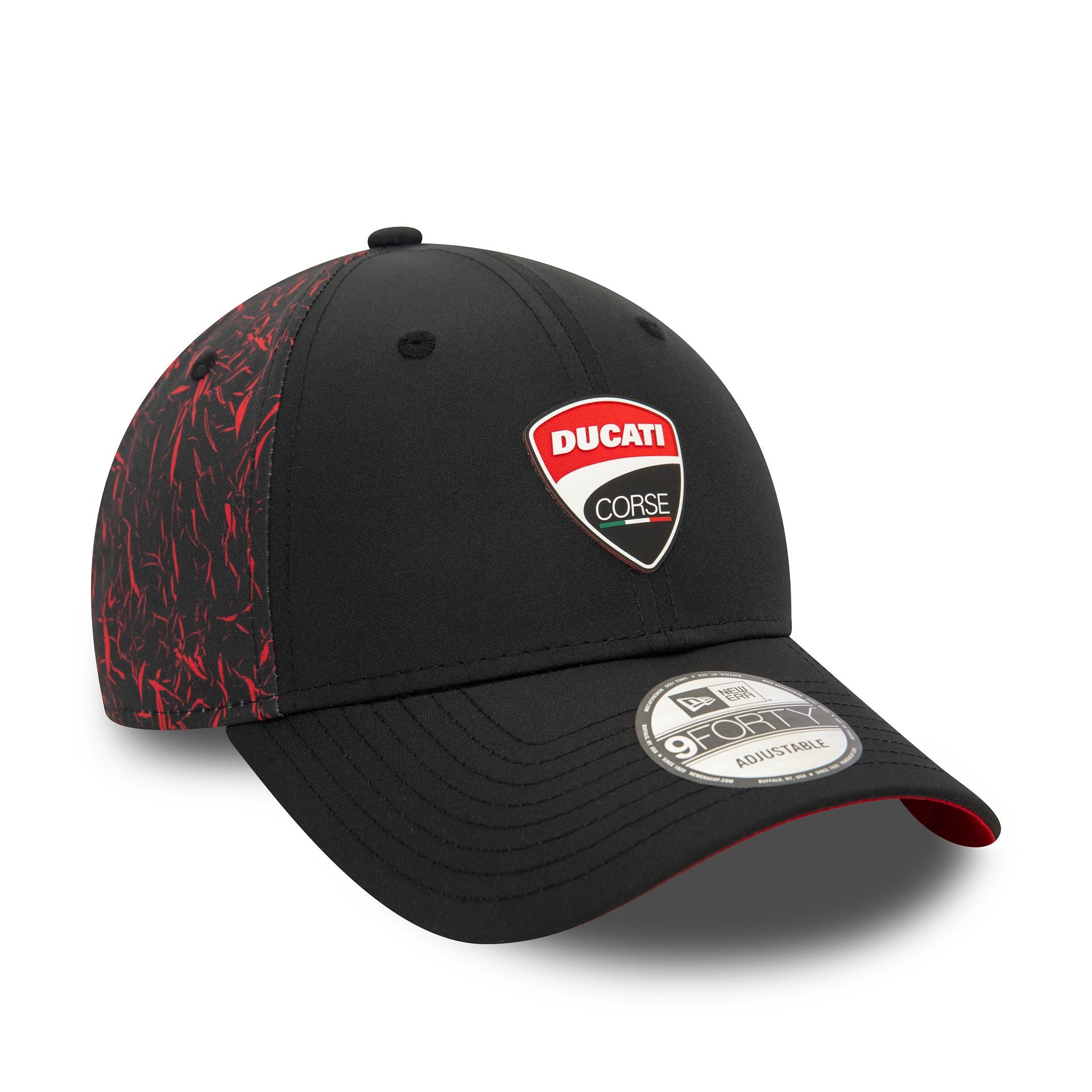 This is a Ducati Motor Logo Crinkle All Over Print Black 9FORTY Adjustable Cap 1