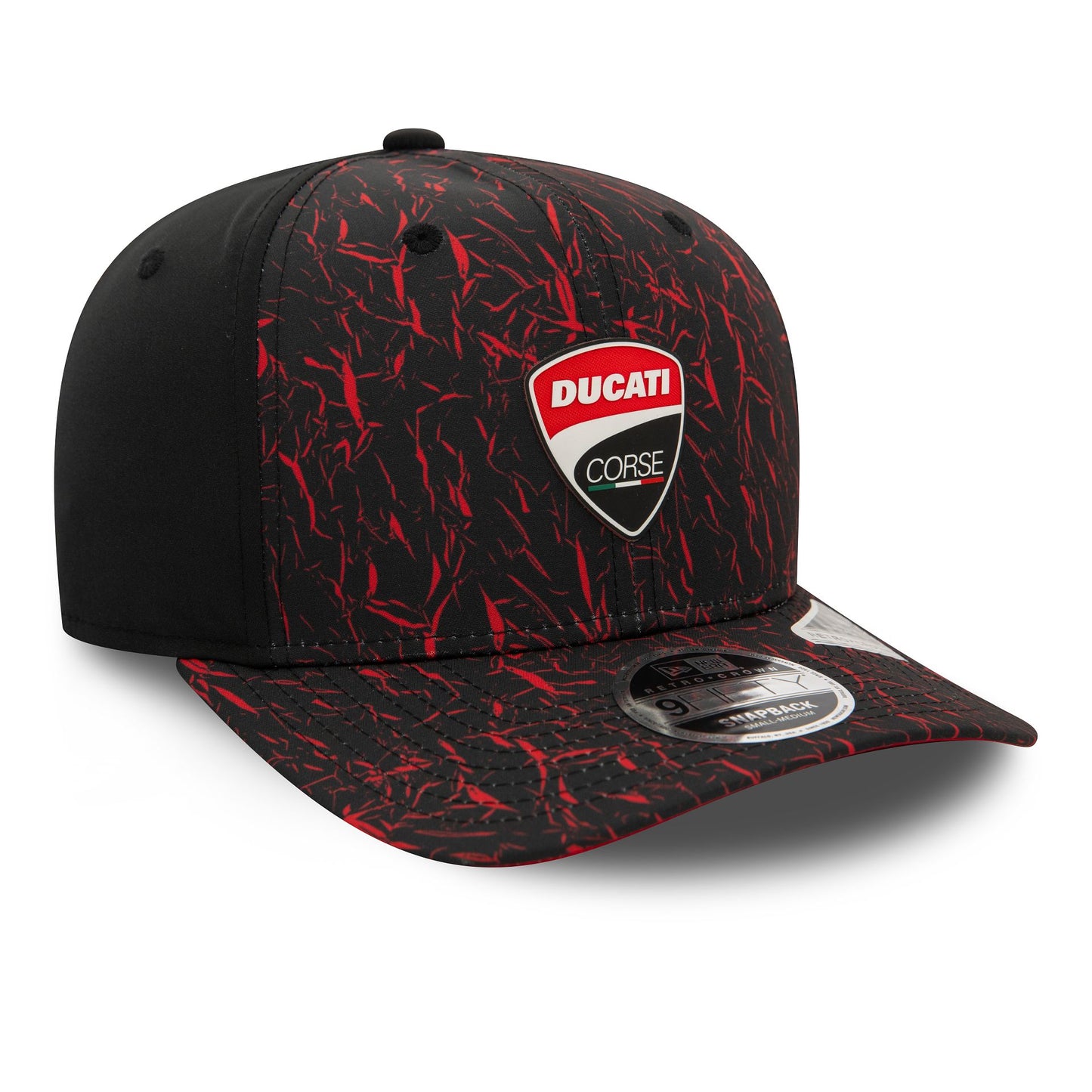 This is a Ducati Motor Logo Crinkle All Over Print Black 9FIFTY Original Fit Cap 1