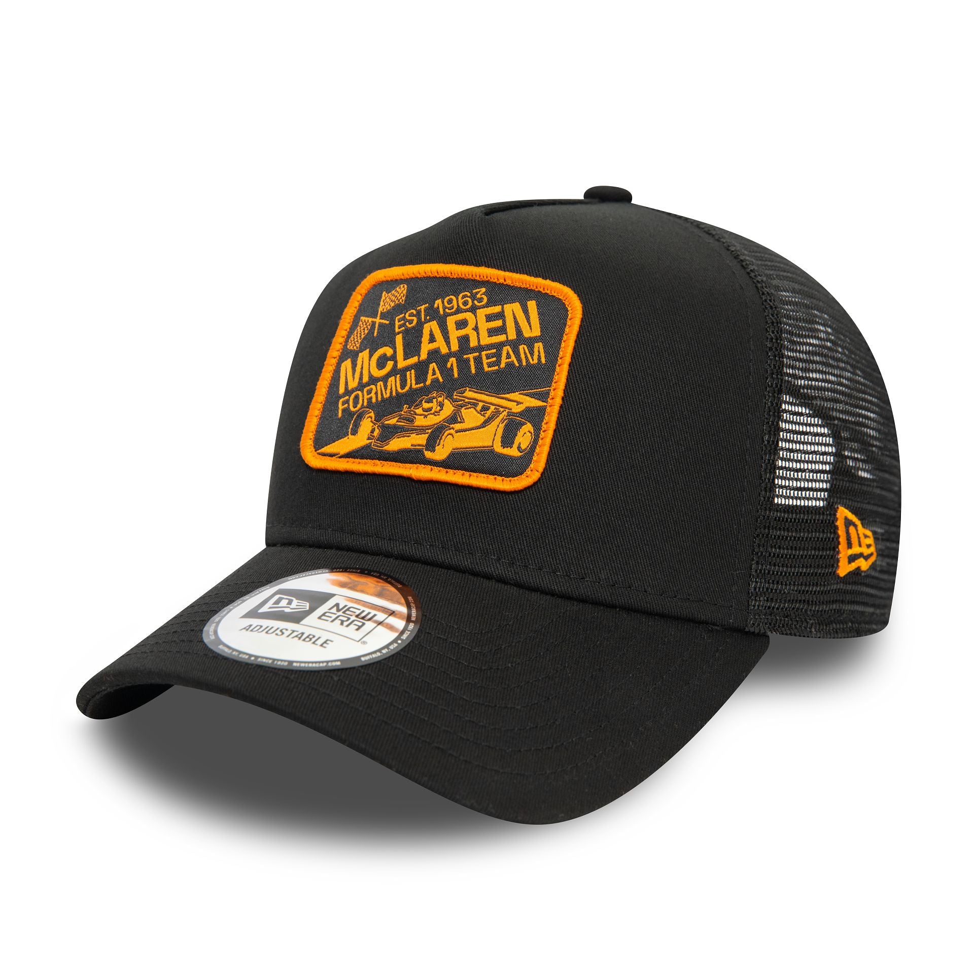 This is a McLaren Racing Graphic Patch Black 9FORTY E-Frame Adjustable Trucker Cap 1