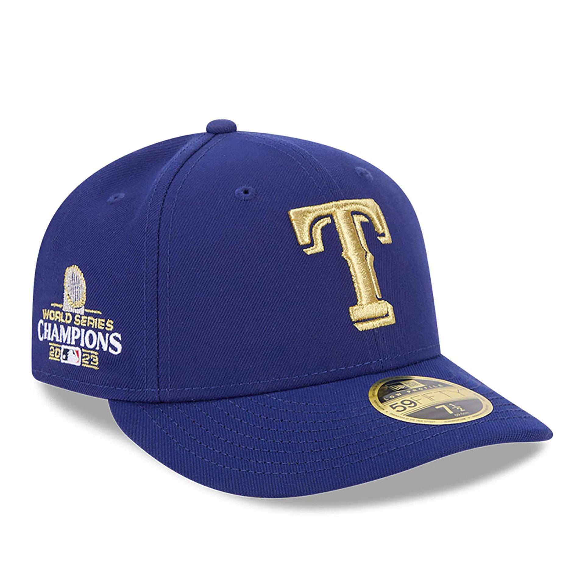 This is a Texas Rangers MLB Gold Dark Blue Low Profile 59FIFTY Fitted Cap 1