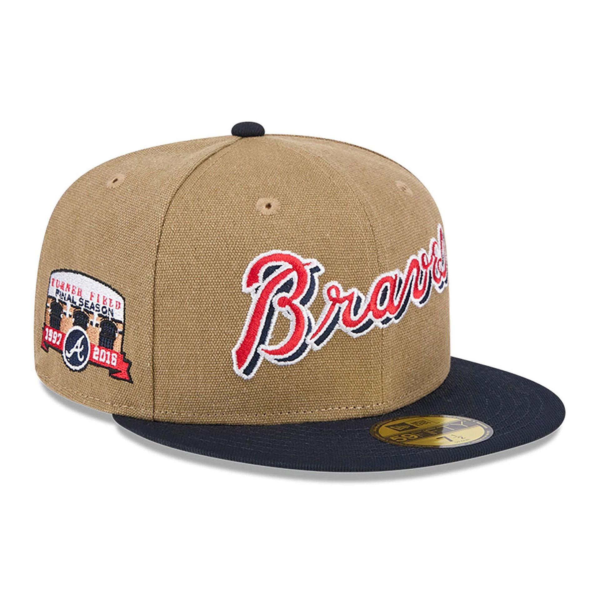 This is a Atlanta Braves Canvas Crown Beige 59FIFTY Fitted Cap 1