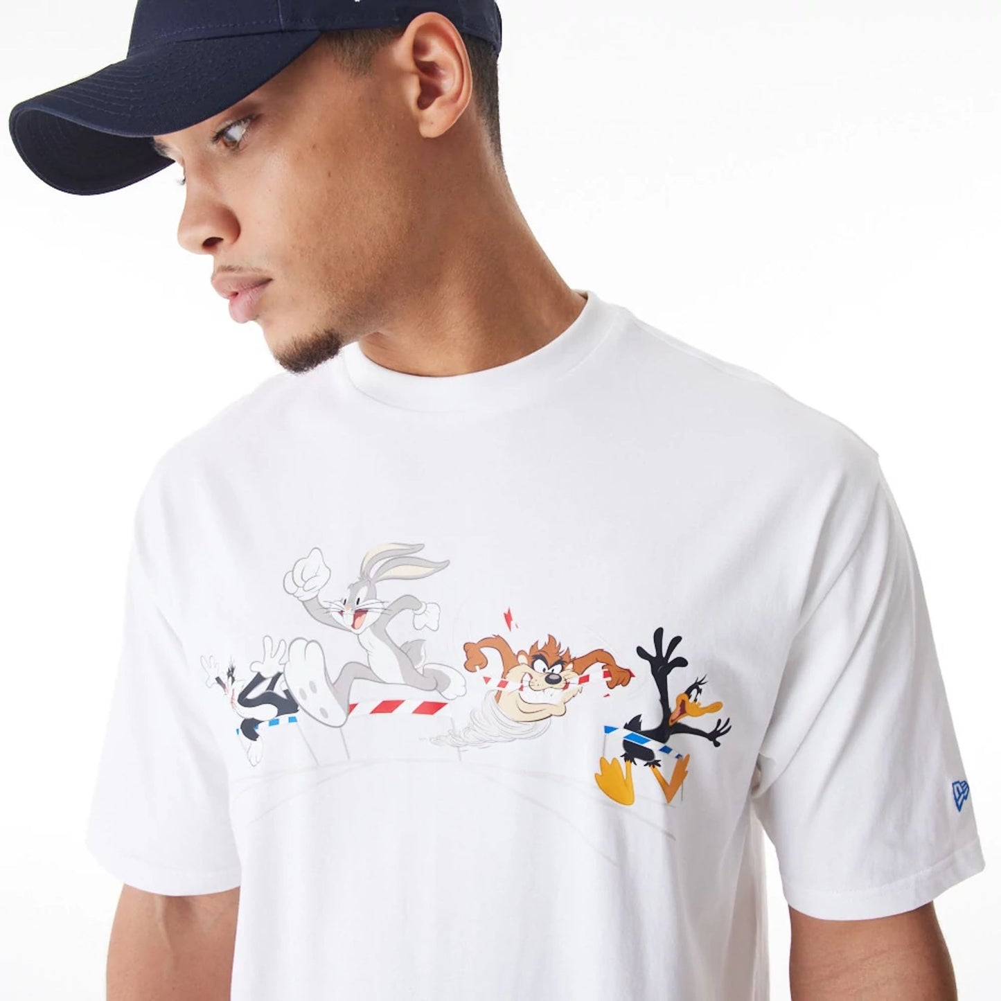 The Male model is wearing Multi Character Team Looney Tunes White Oversized T-Shirt 5