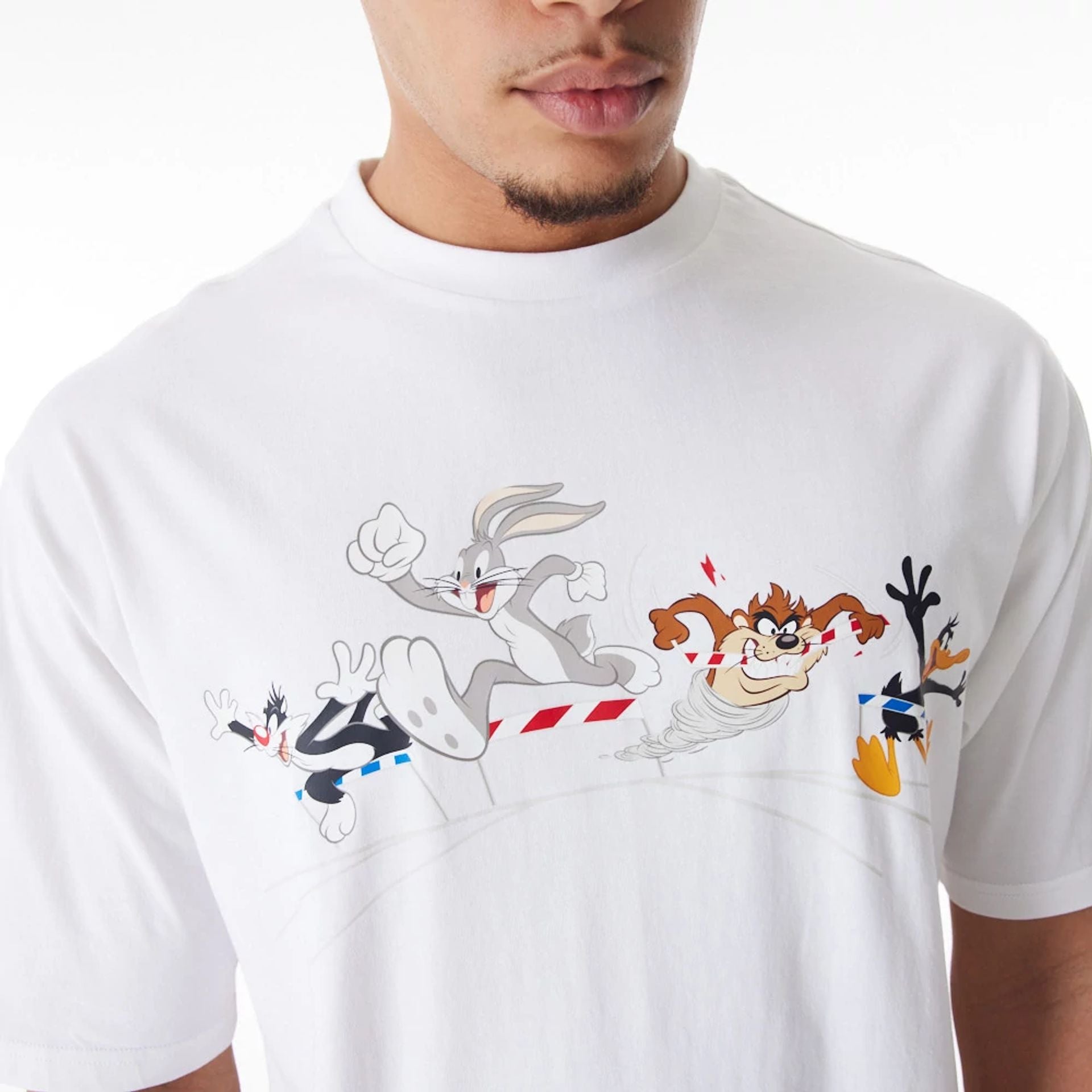 The Male model is wearing Multi Character Team Looney Tunes White Oversized T-Shirt 6