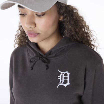 The Female model is wearing Detroit Tigers Womens MLB League Essential Dark Brown Pullover Hoodie 3