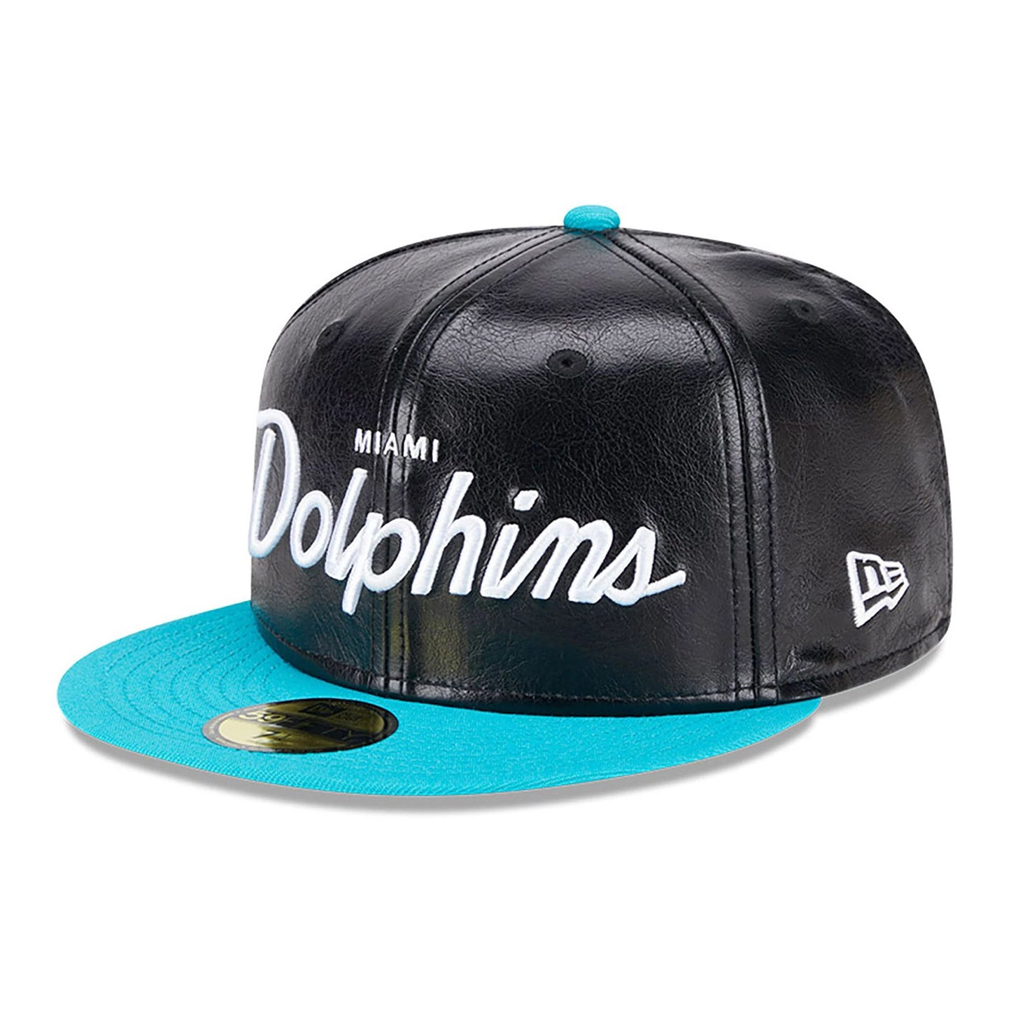 This is a Miami Dolphins Faux Leather Crown Black 59FIFTY Fitted Cap 1