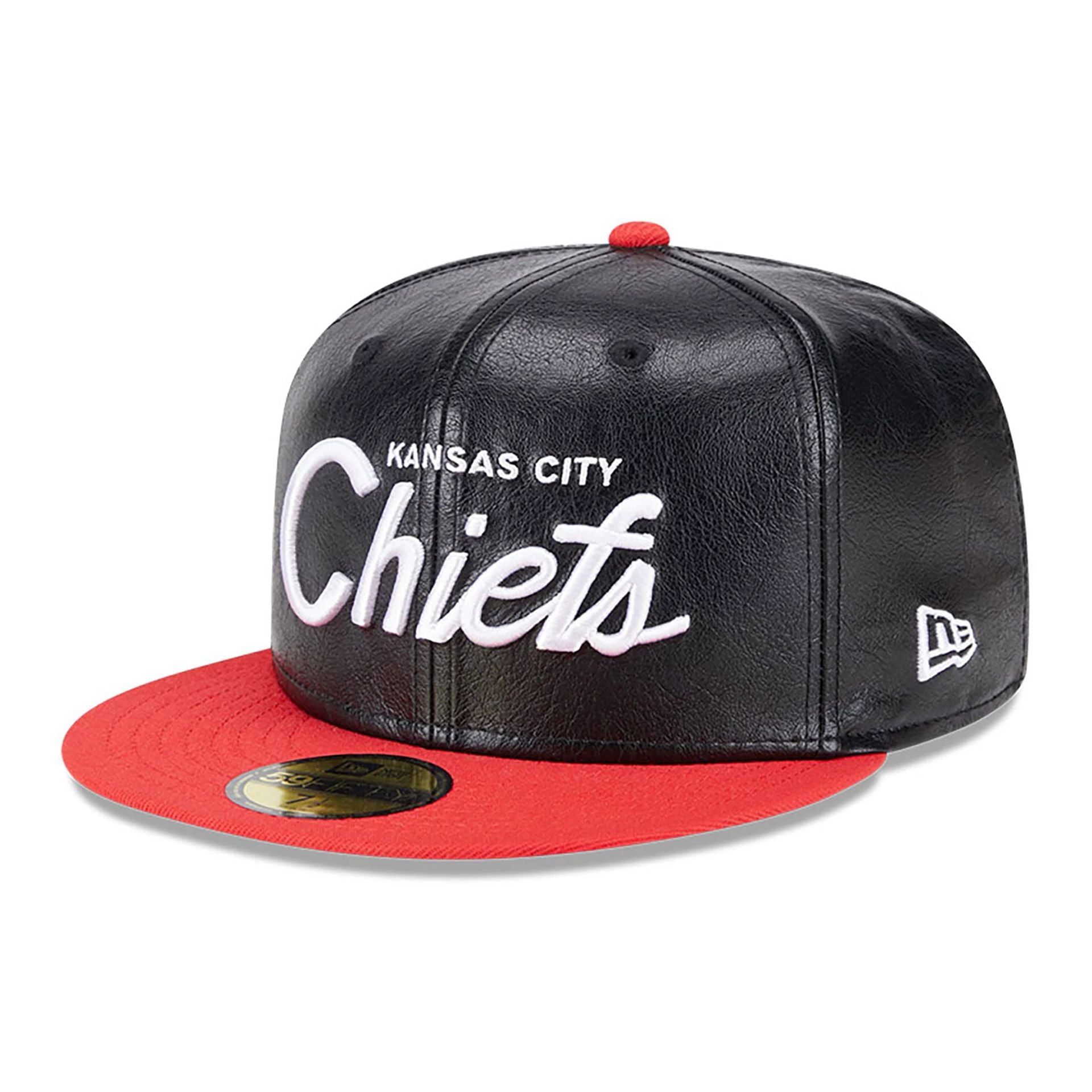 This is a Kansas City Chiefs Faux Leather Crown Black 59FIFTY Fitted Cap 1