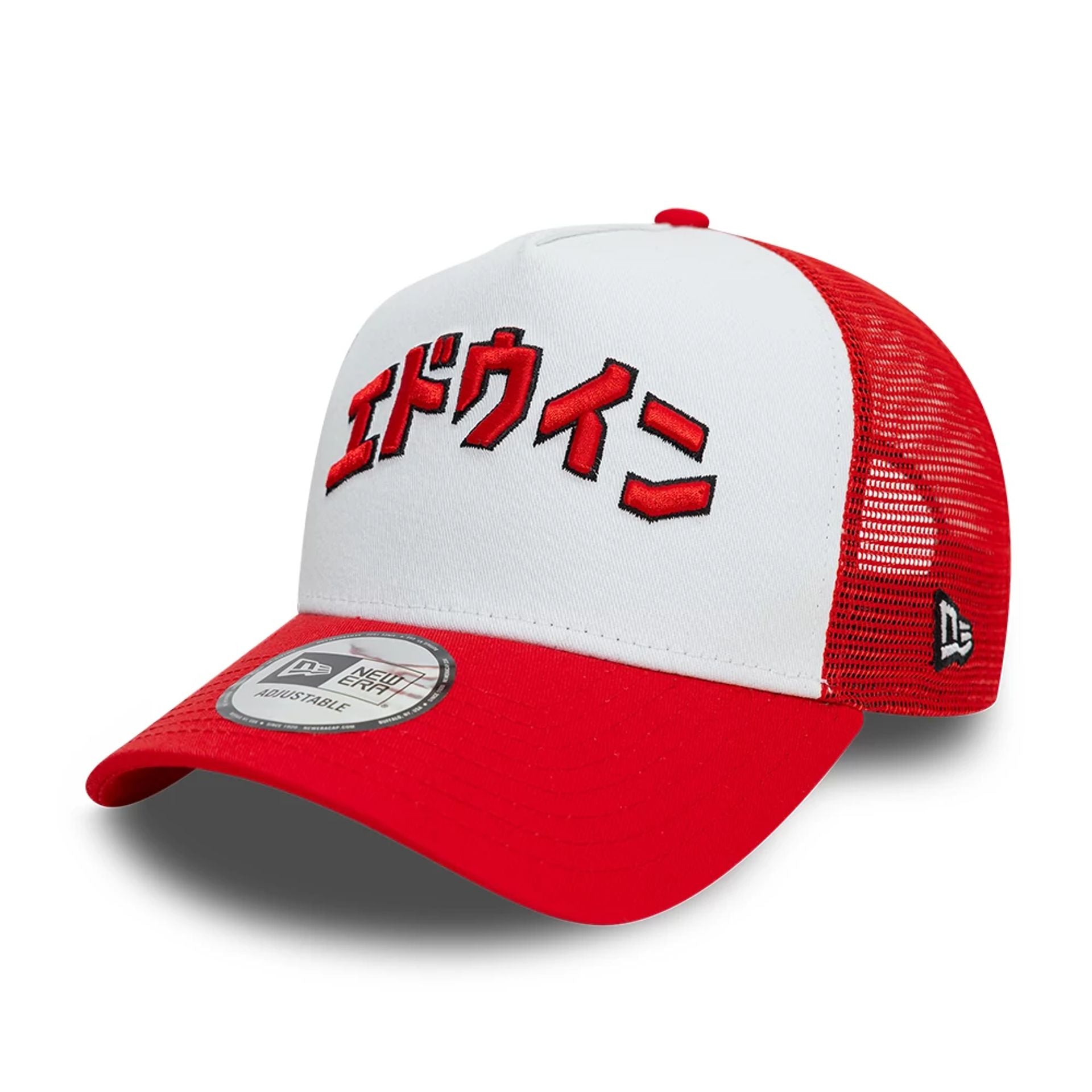 This is a Edwin x New Era Red 9FORTY A-Frame Trucker Adjustable Cap 1