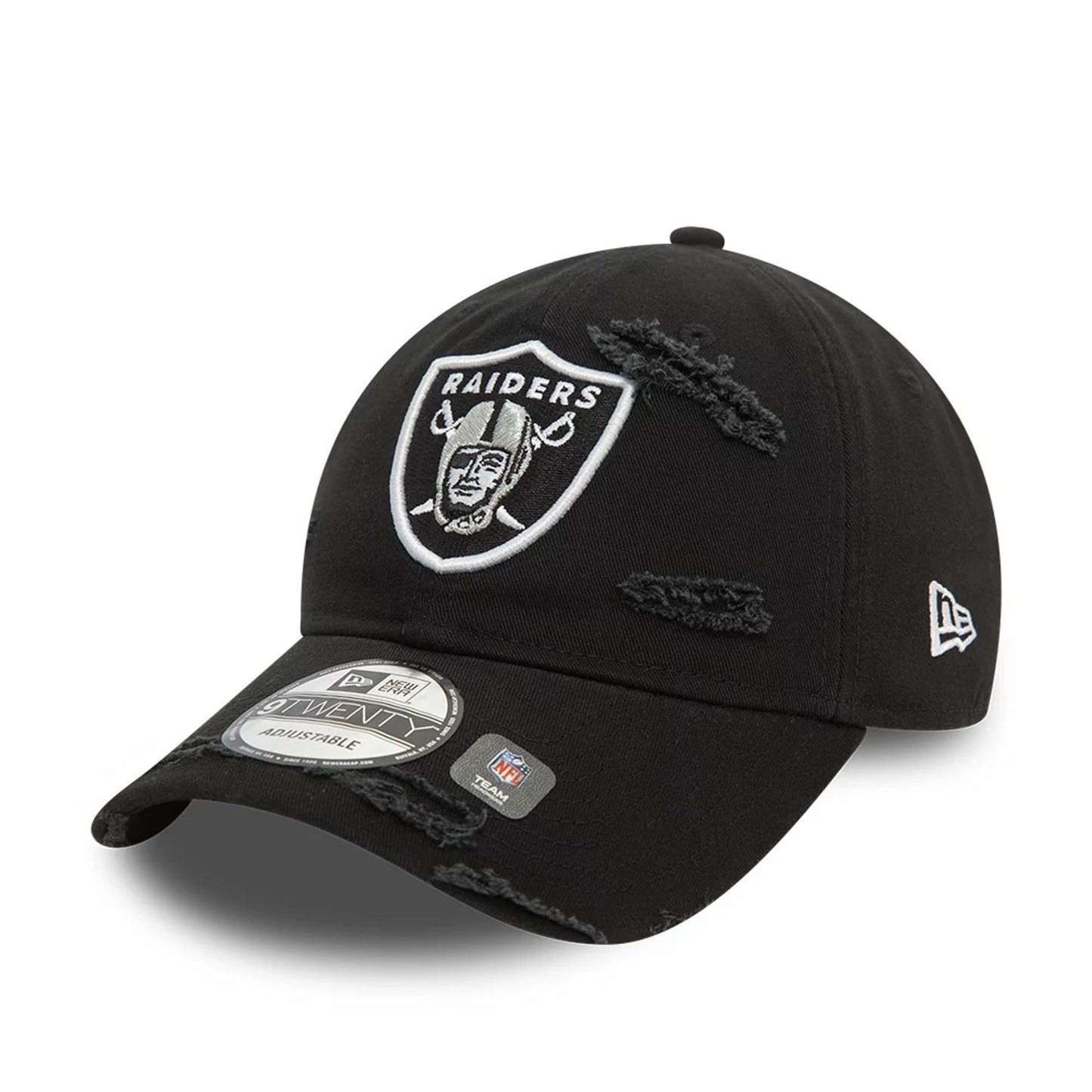 This is a Las Vegas Raiders NFL Distressed Black 9TWENTY Adjustable Cap 1