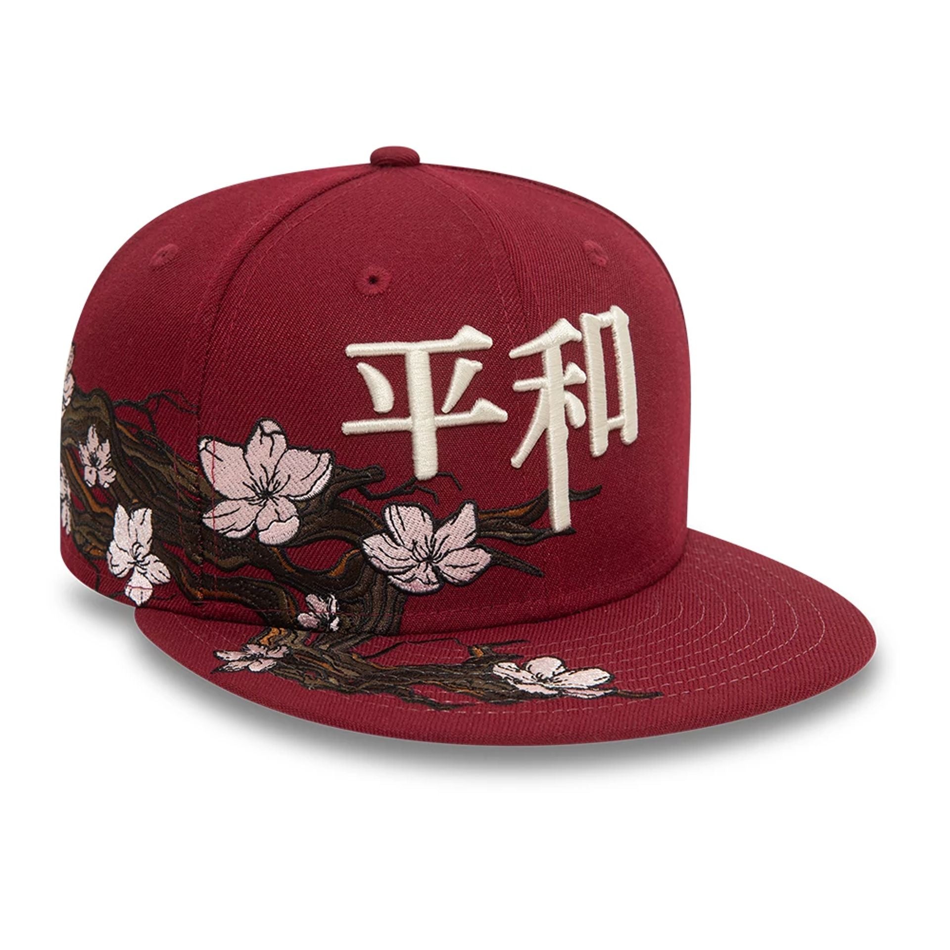 This is a New Era Cherry Blossom Peace Dark Red 59FIFTY Fitted Cap 1