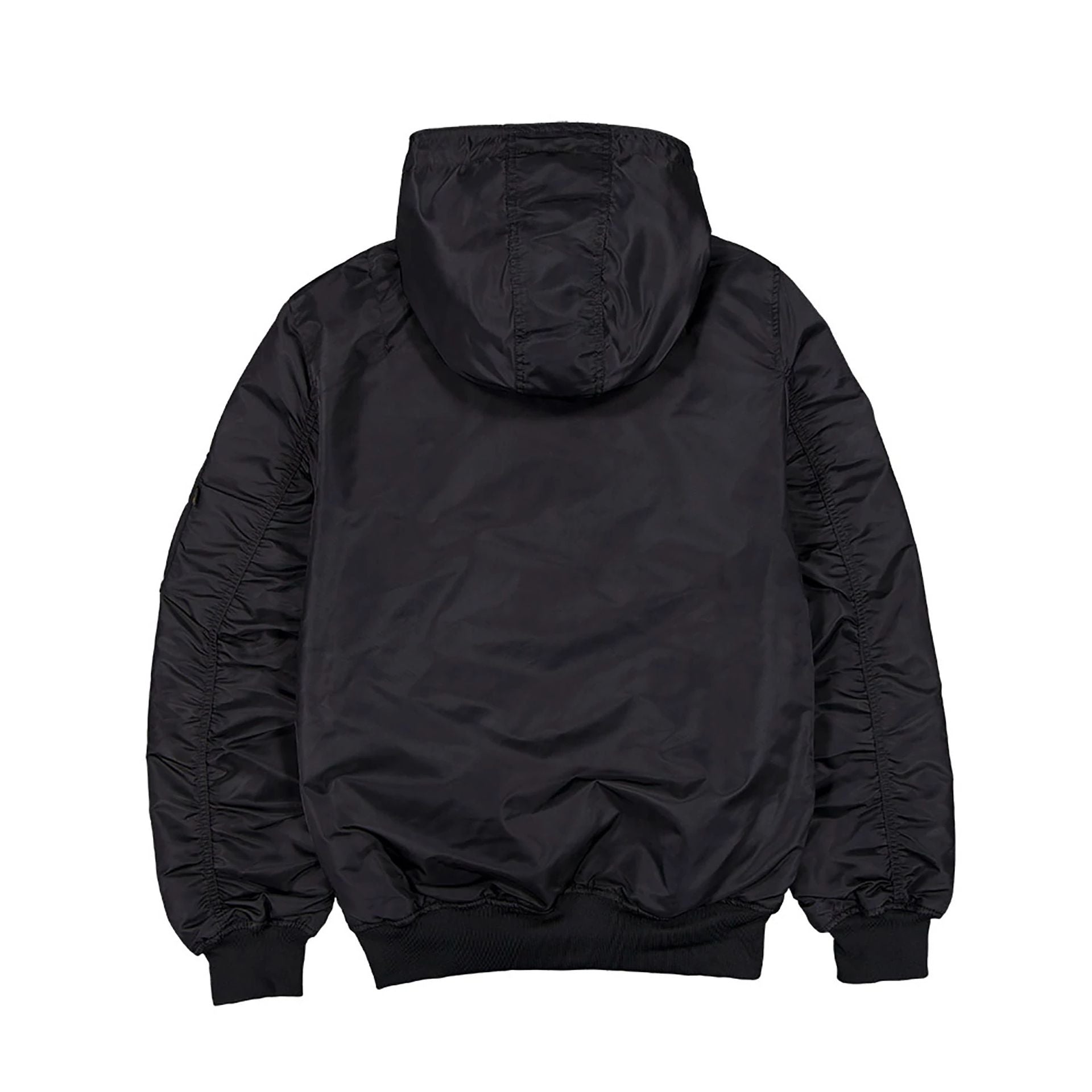 The Male model is wearing New Era x Alpha Industries Black Hooded Bomber Jacket 2