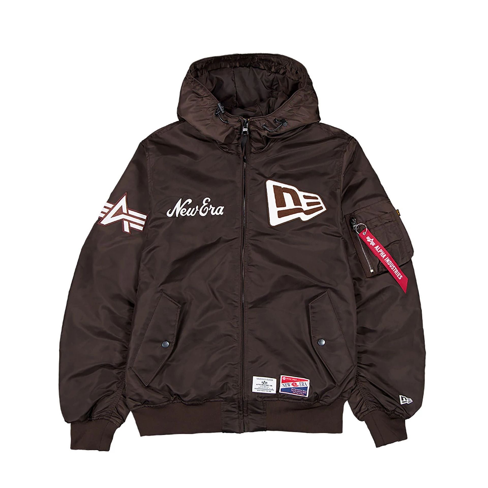 The Male model is wearing New Era x Alpha Industries Dark Brown Hooded Bomber Jacket 1