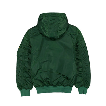 The Male model is wearing New Era x Alpha Industries Dark Green Hooded Bomber Jacket 2