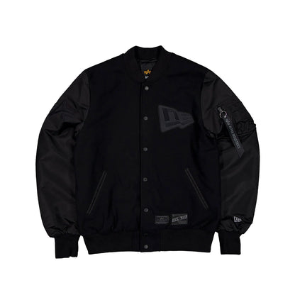 The Male model is wearing New Era x Alpha Industries Black Varsity Jacket 1