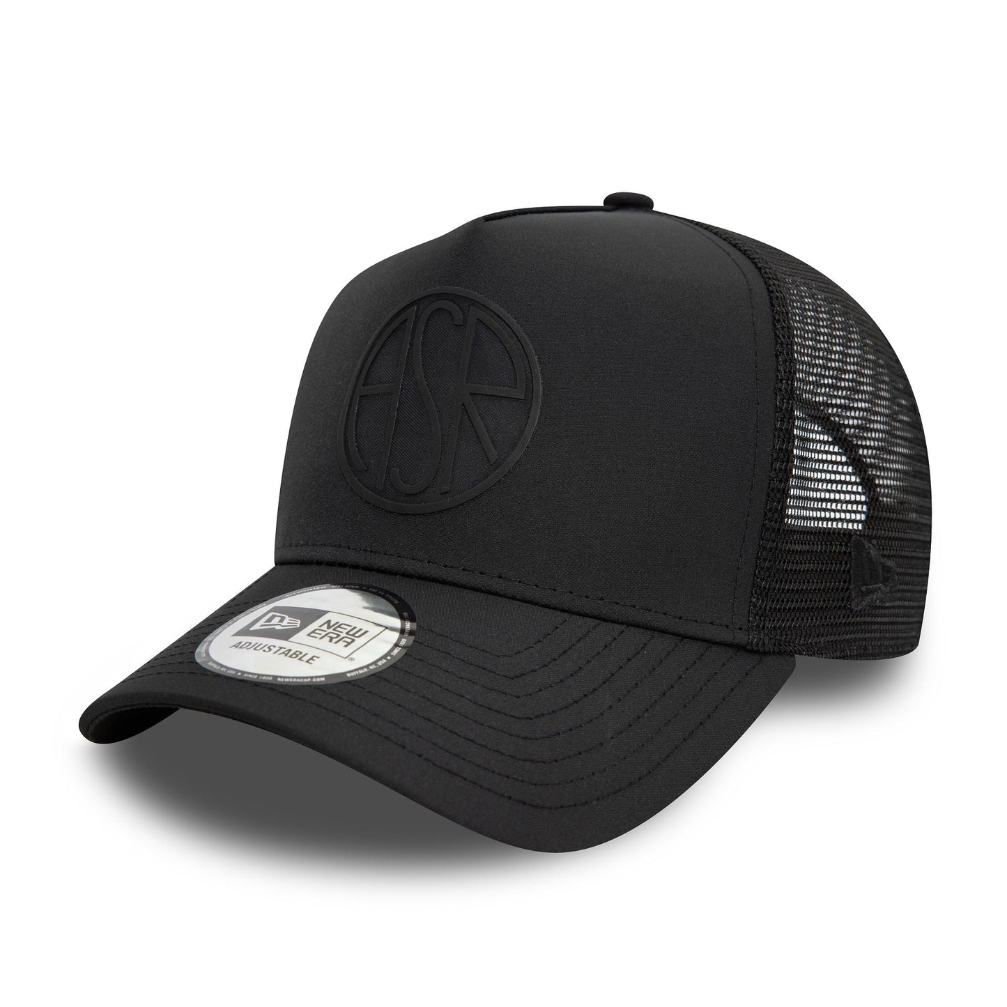 This is a AS Roma Featherweight Poly Black 9FORTY E-Frame Adjustable Trucker Cap 1