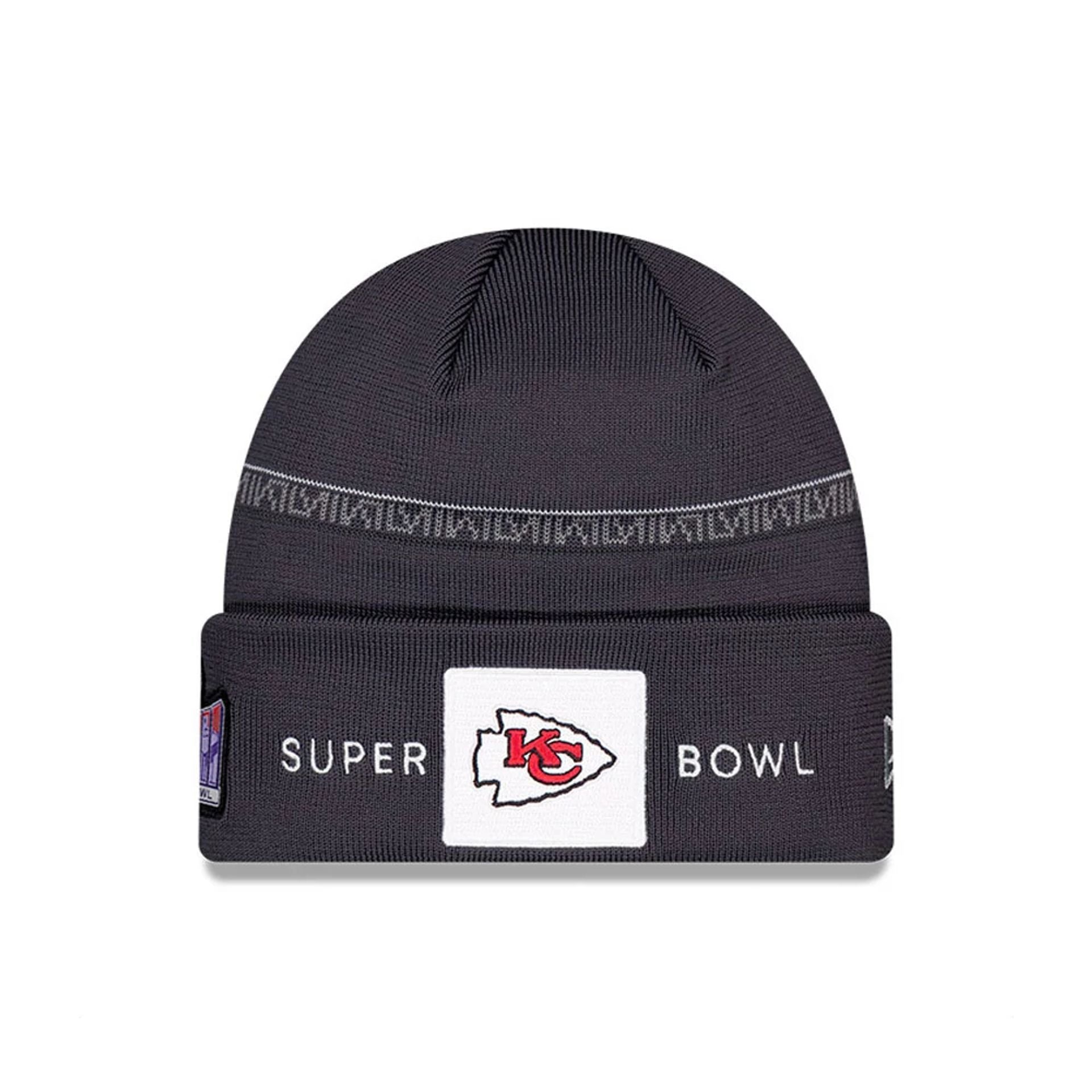 This is a Kansas City Chiefs Super Bowl LVIII Opening Night Dark Grey Cuff Knit Beanie Hat 1