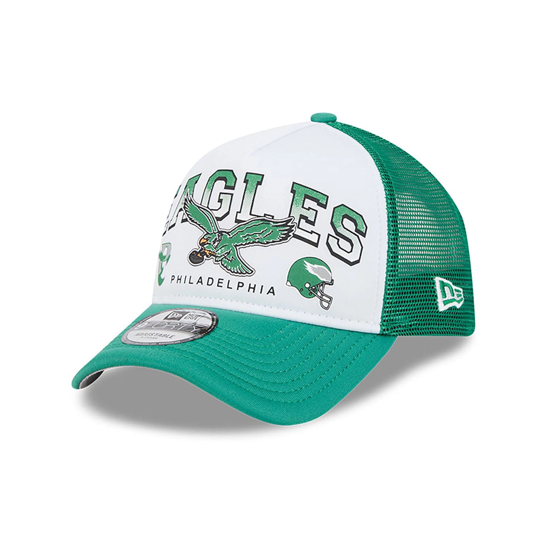 This is a Philadelphia Eagles Retro Wordmark Green 9FORTY A-Frame Trucker Adjustable Cap 1